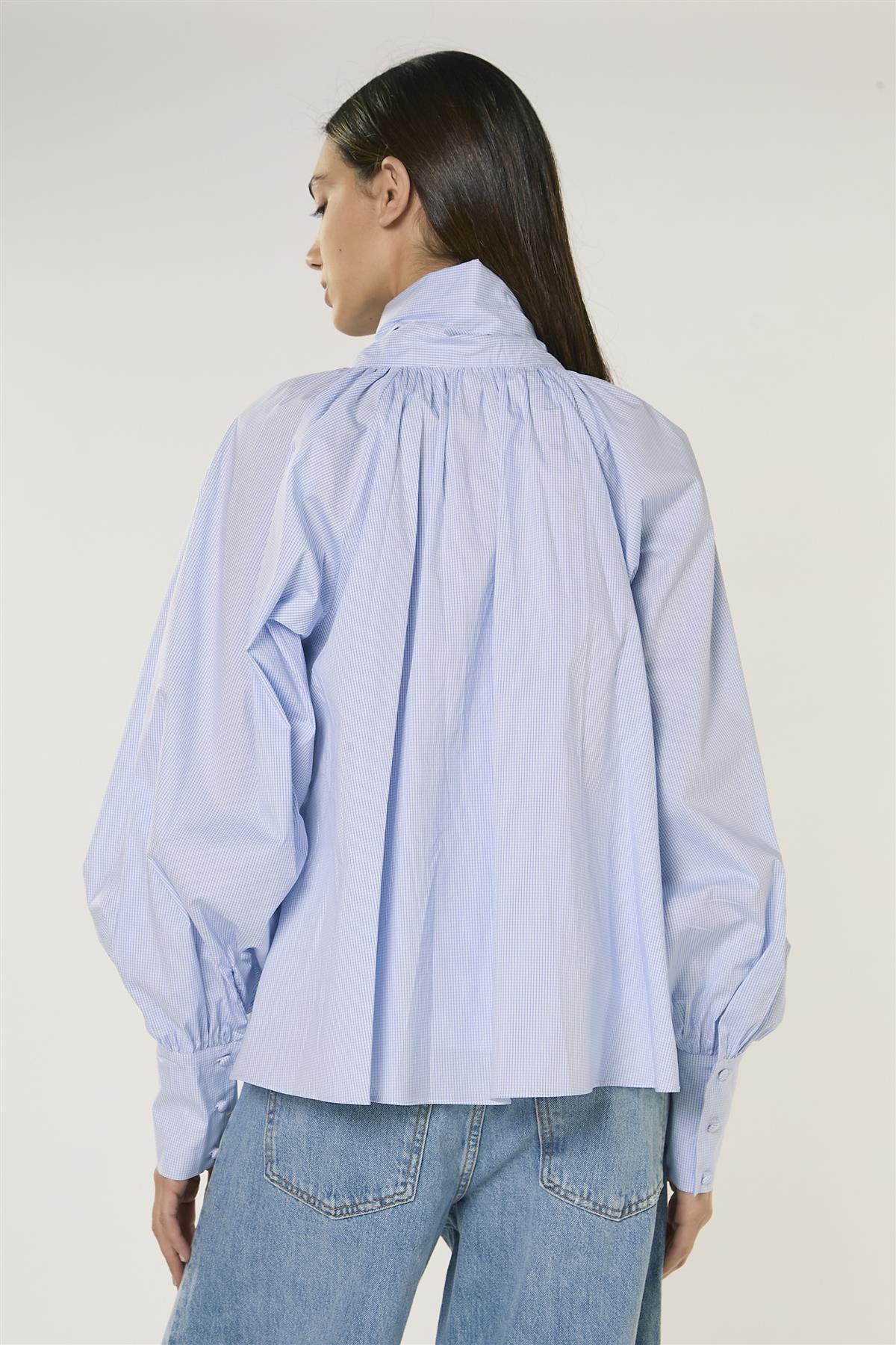 Blue Micro Check Raglan Volume Sleeve Blouse - Image 4