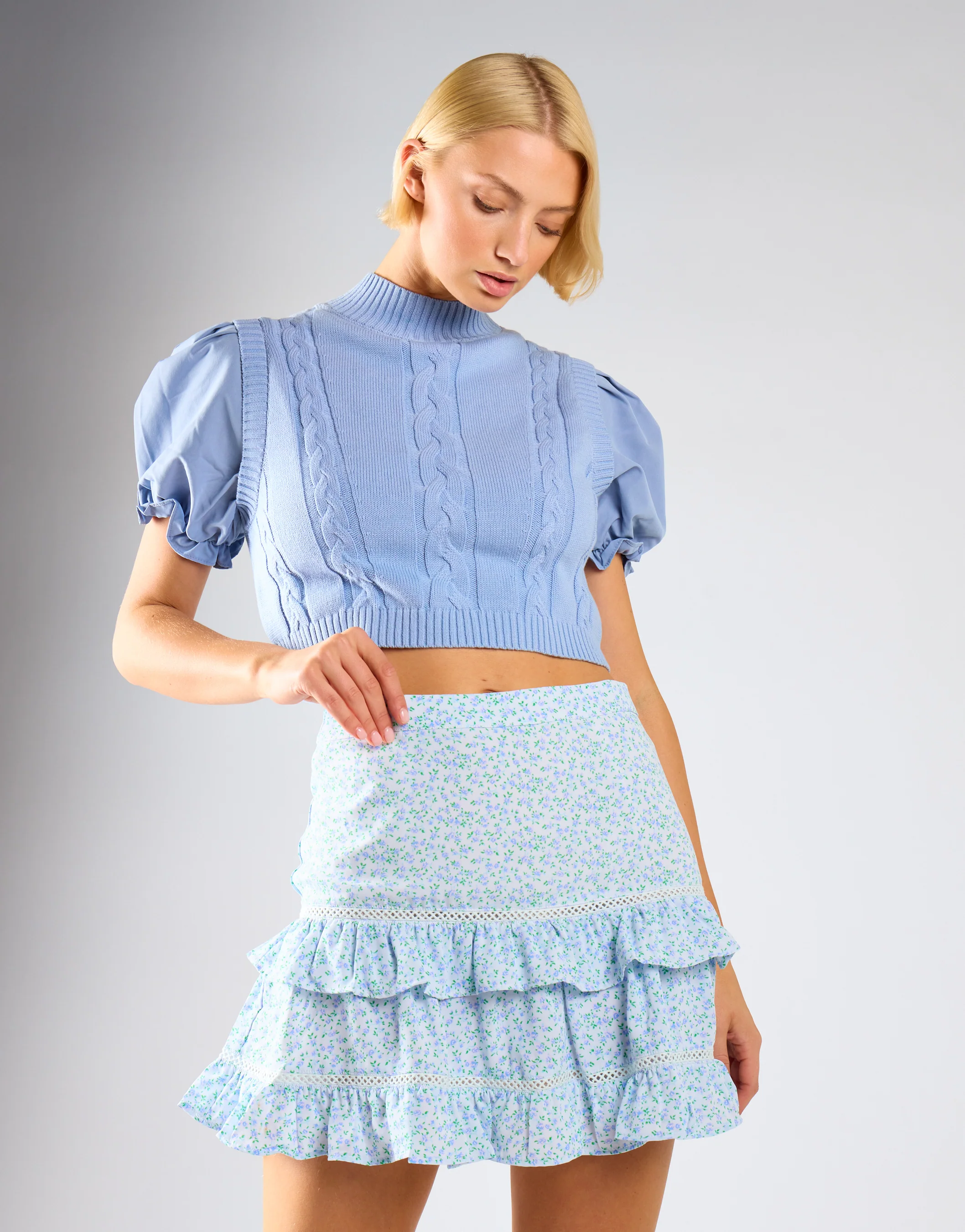 Blue Mini Vintage Rose Ruffle Mini Skirt - Image 2
