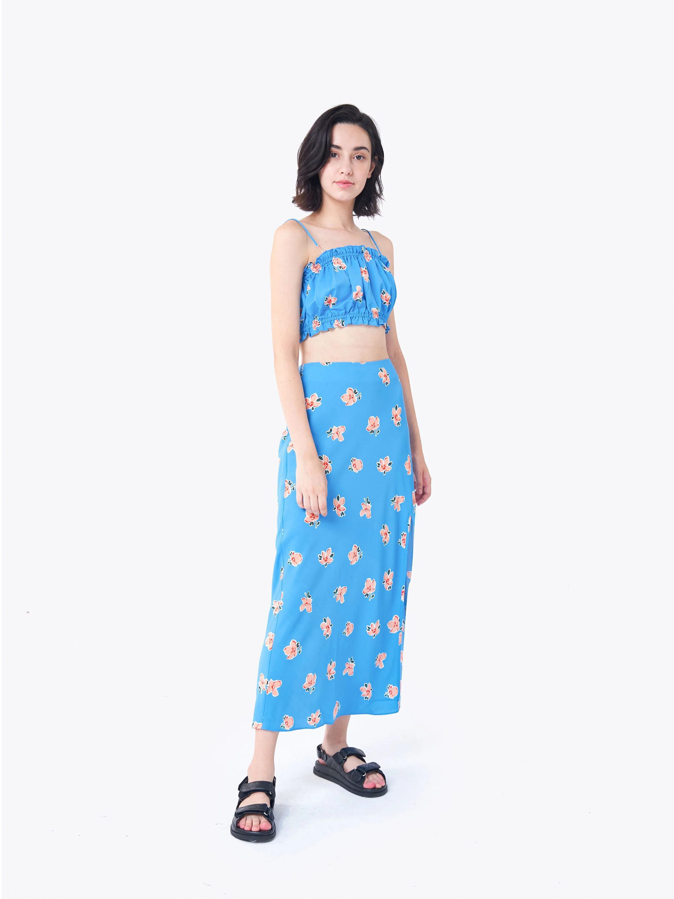 Glamorous Care Blue Orange Floral Midi Skirt - Image 3