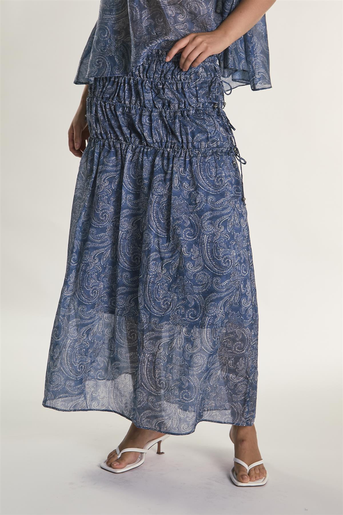Blue Paisley Ruched Flowy Midaxi Skirt - Image 3