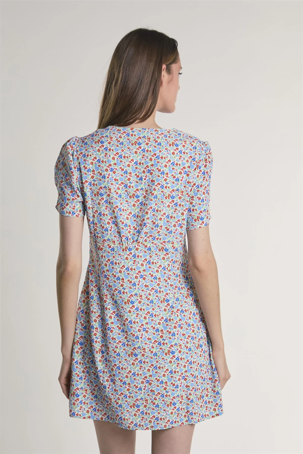 Blue-Red-Ditsy Button-Front Mini-Dress - Image 2