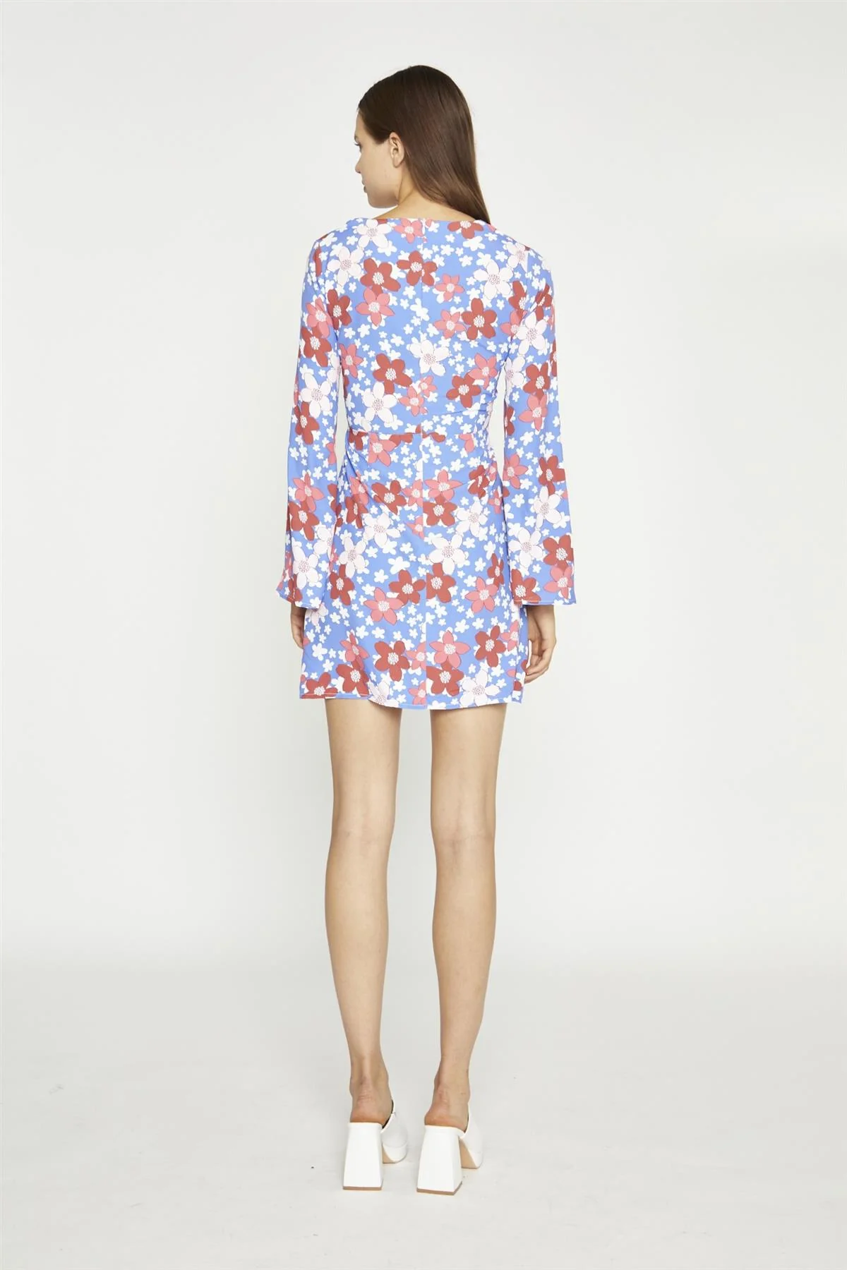 Blue-Red Flower Fluted Sleeve Mini-Dress - Image 2