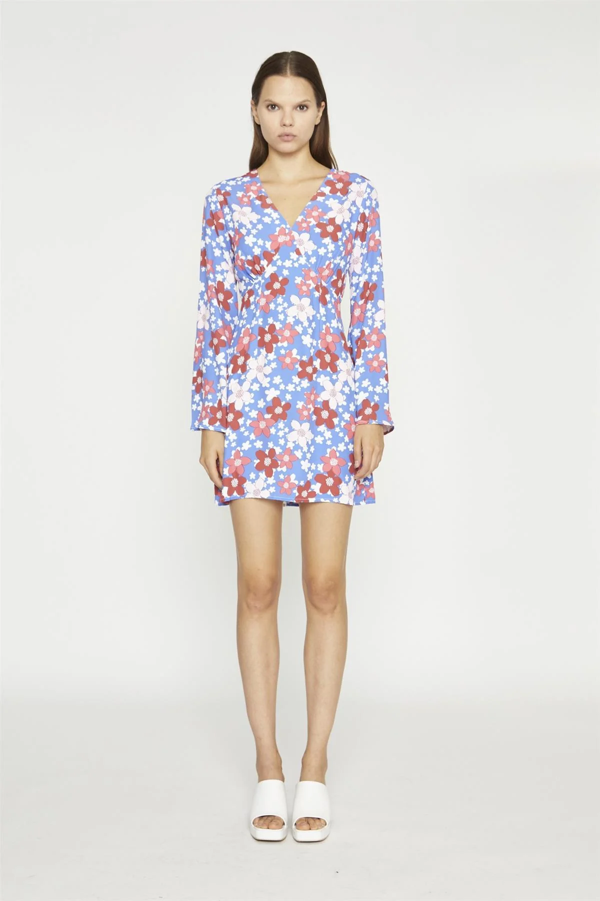 Blue-Red Flower Fluted Sleeve Mini-Dress - Image 3