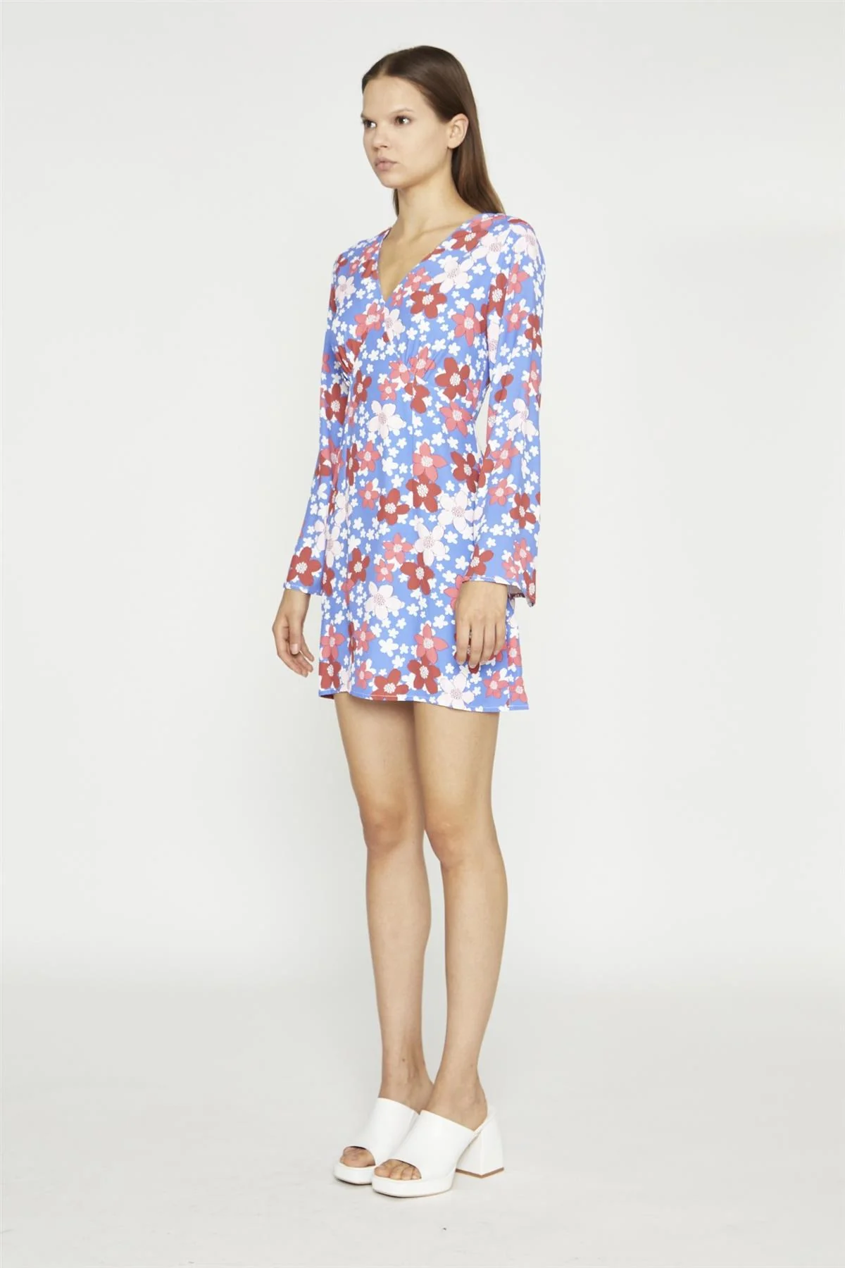 Blue-Red Flower Fluted Sleeve Mini-Dress - Image 4