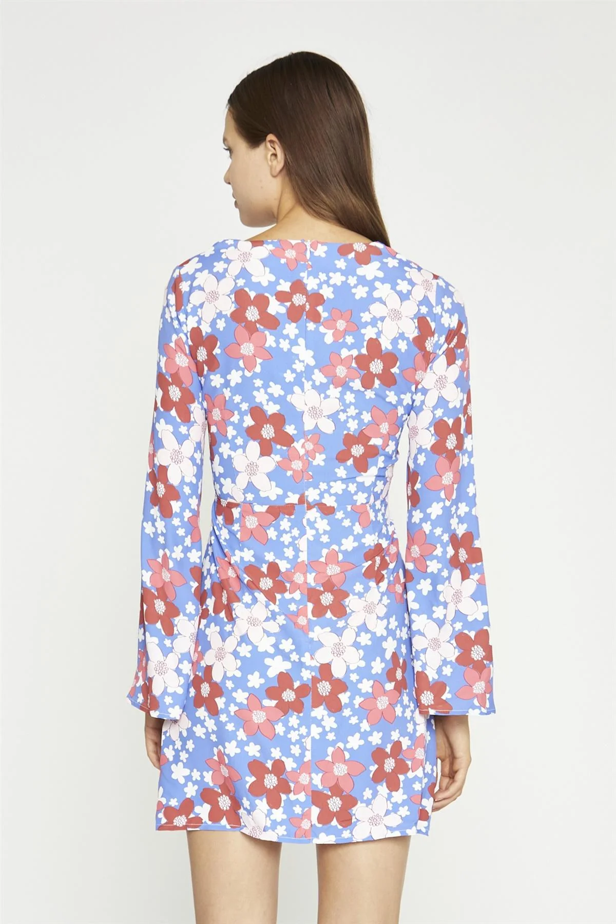 Blue-Red Flower Fluted Sleeve Mini-Dress - Image 5