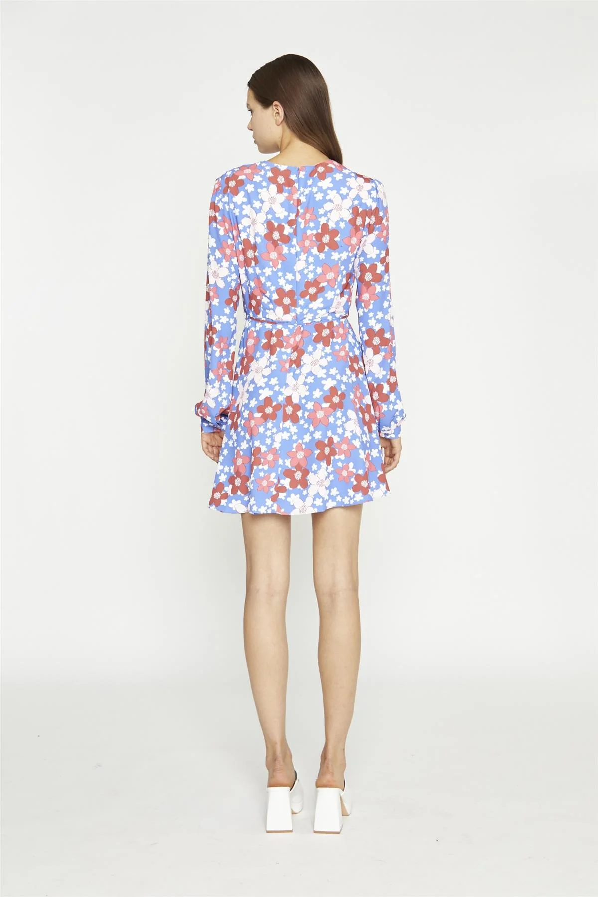 Blue-Red Flower V-Neck Mini-Dress - Image 2