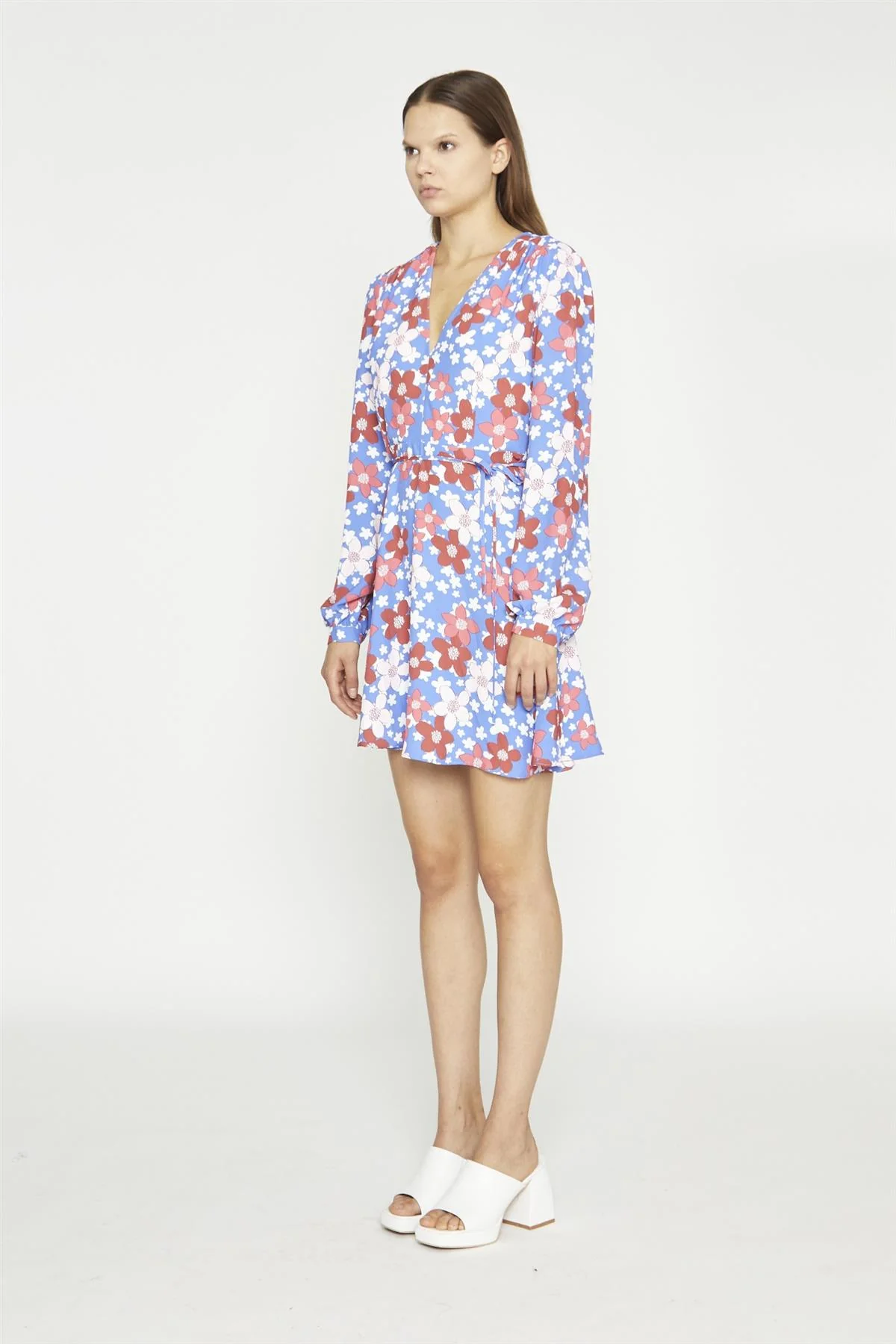 Blue-Red Flower V-Neck Mini-Dress - Image 3