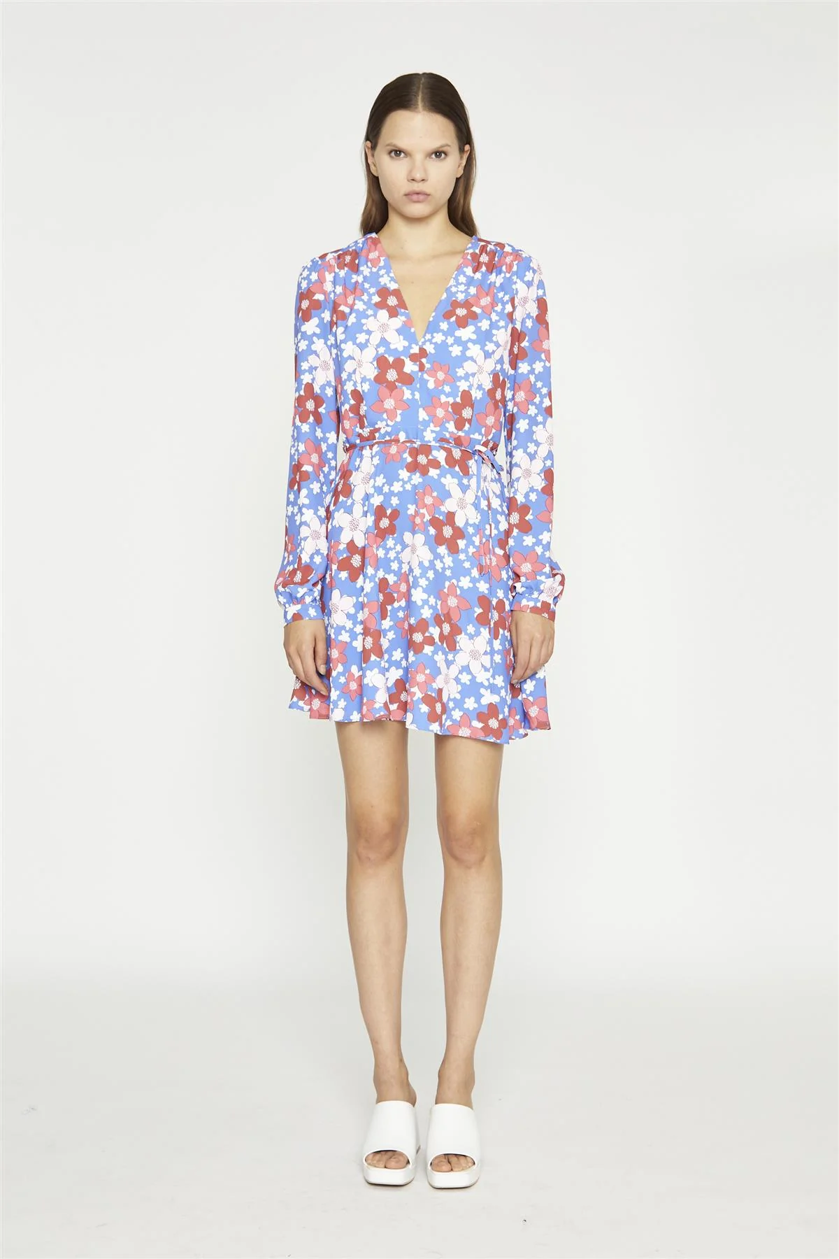 Blue-Red Flower V-Neck Mini-Dress - Image 4