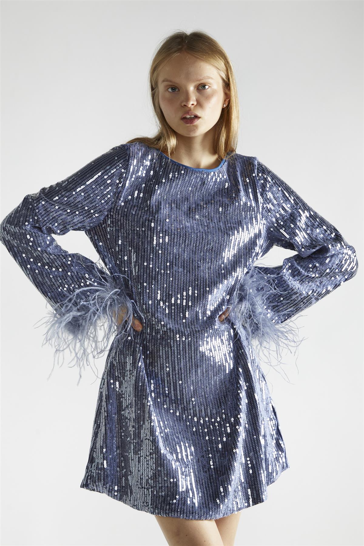 Blue-Sequin Feather Cuff Mini-Dress - Image 3