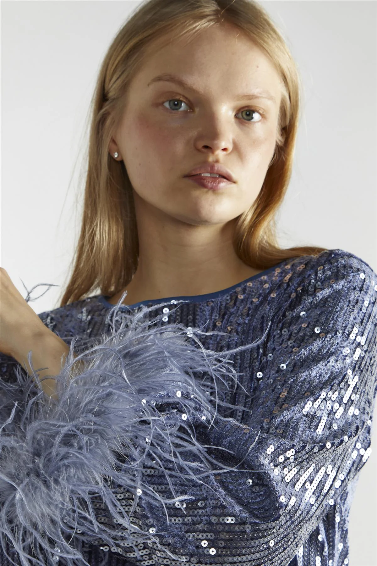 Blue-Sequin Feather Cuff Mini-Dress - Image 4