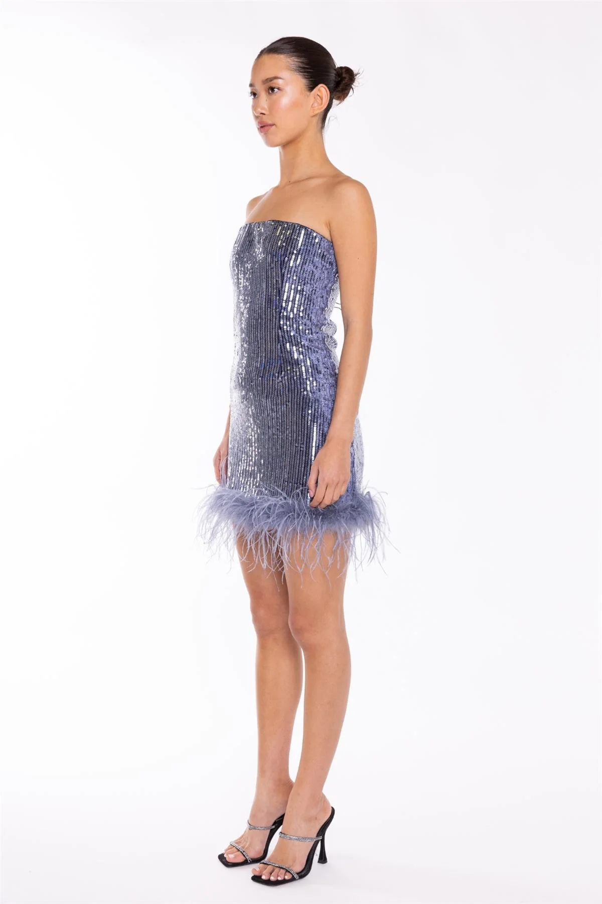 Blue-Sequin Feather-Hem Mini-Dress - Image 4