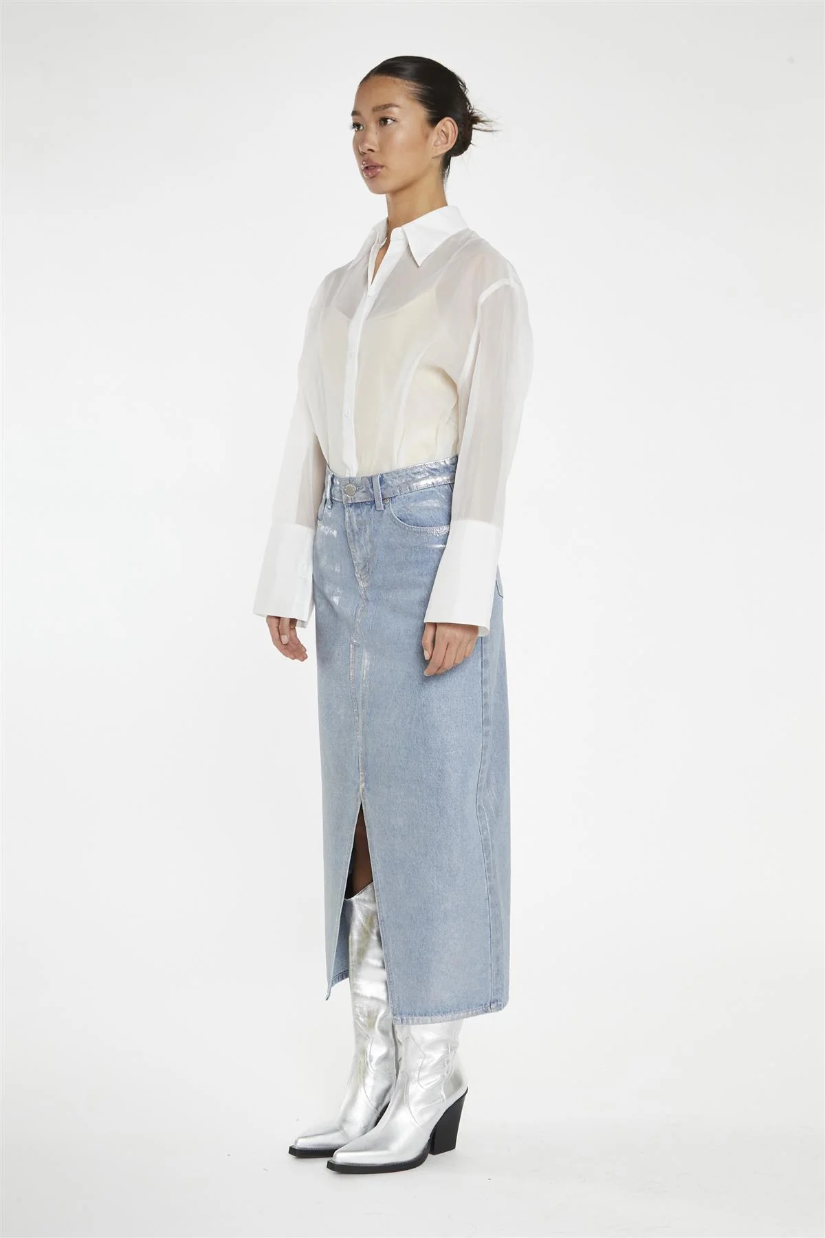 Blue Silver-Foil Denim Midi-Skirt - Image 4