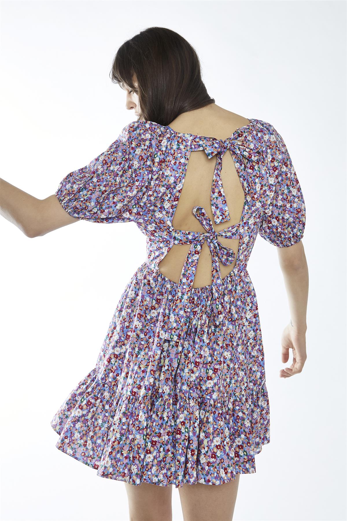 Blue Texture-Floral Ruffle-Hem Mini-Dress - Image 2
