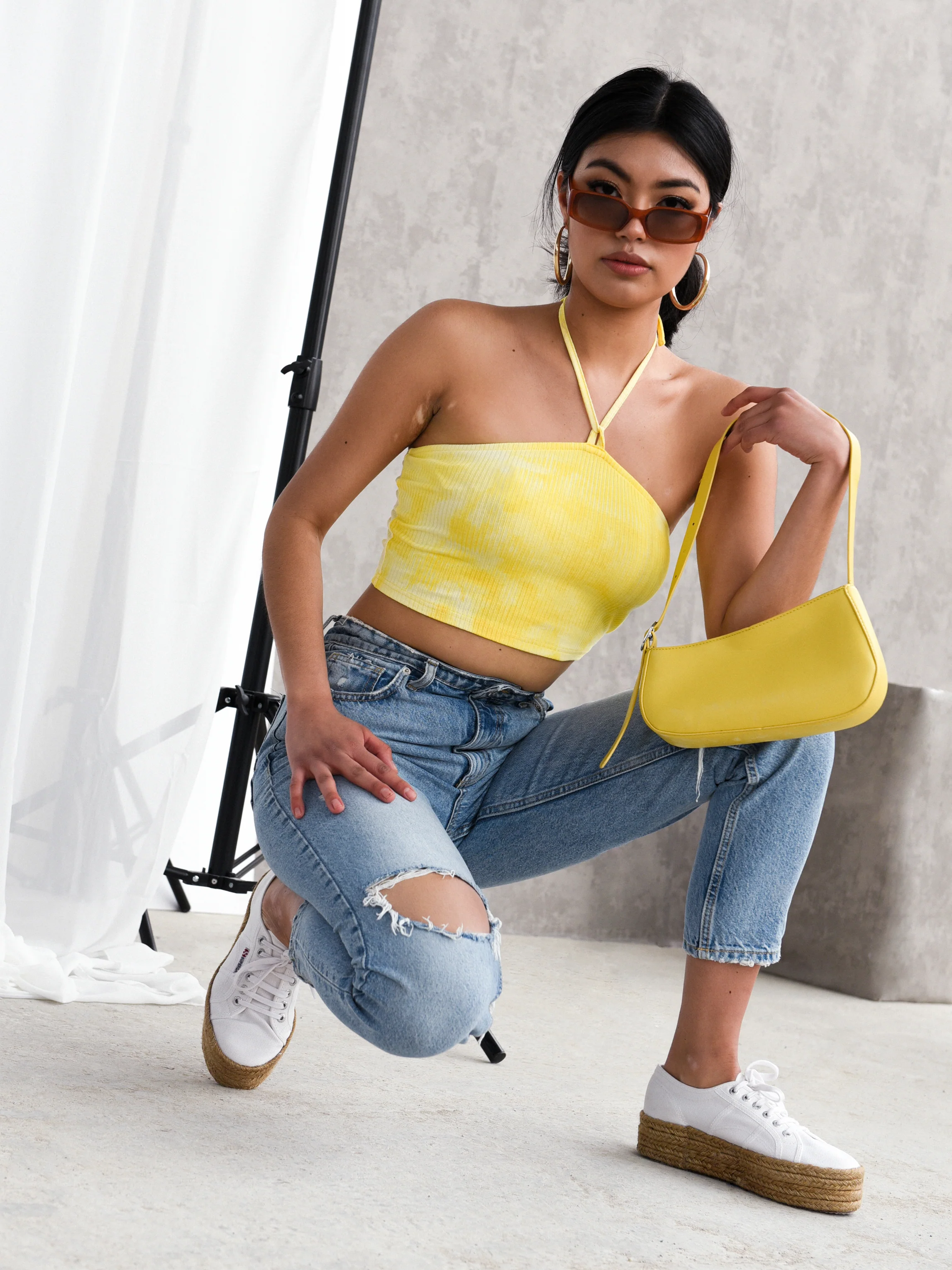 Glamorous Yellow Tie Dye Halter Neck Crop Top - Image 3