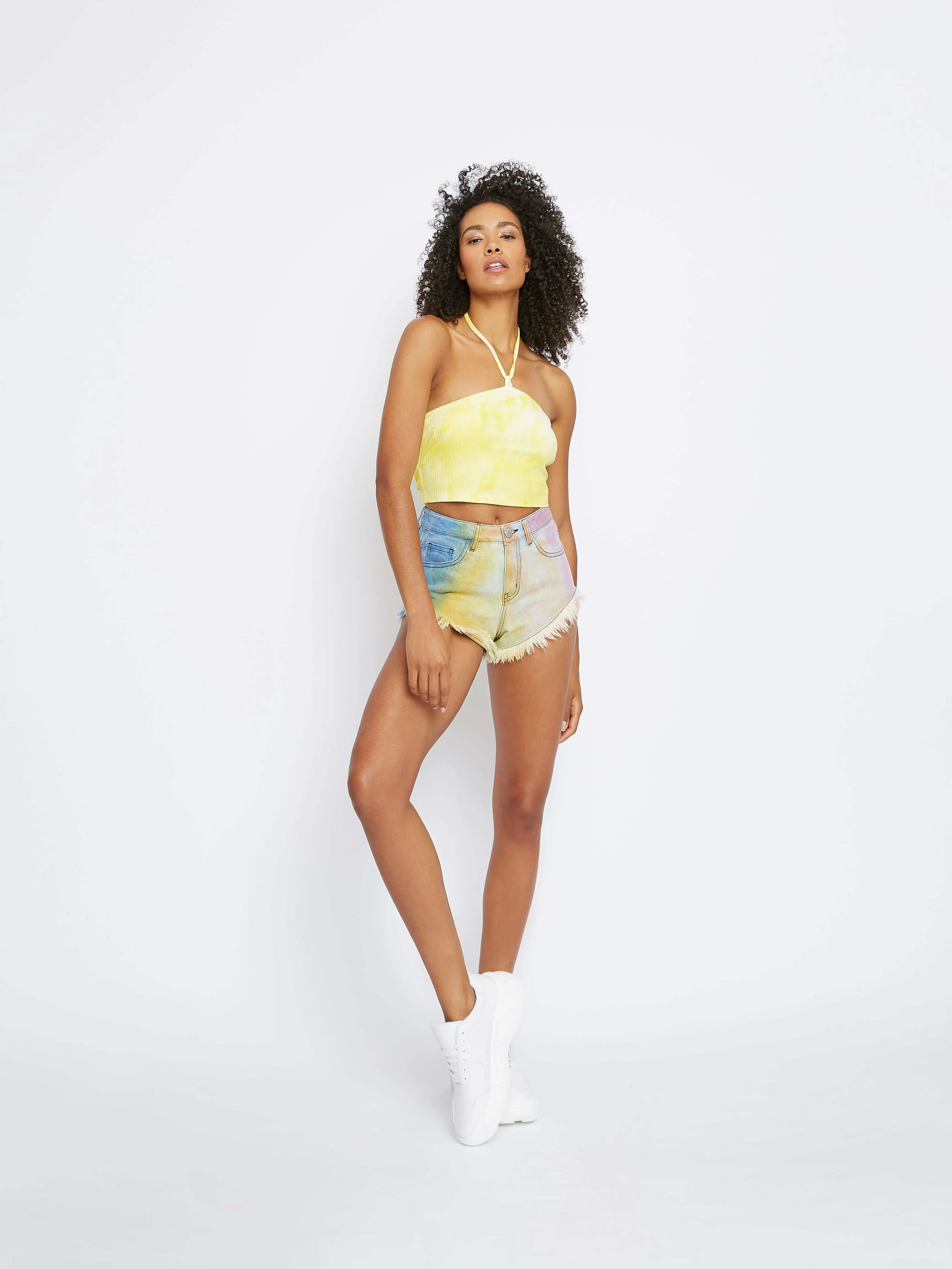 Glamorous Yellow Tie Dye Halter Neck Crop Top - Image 4
