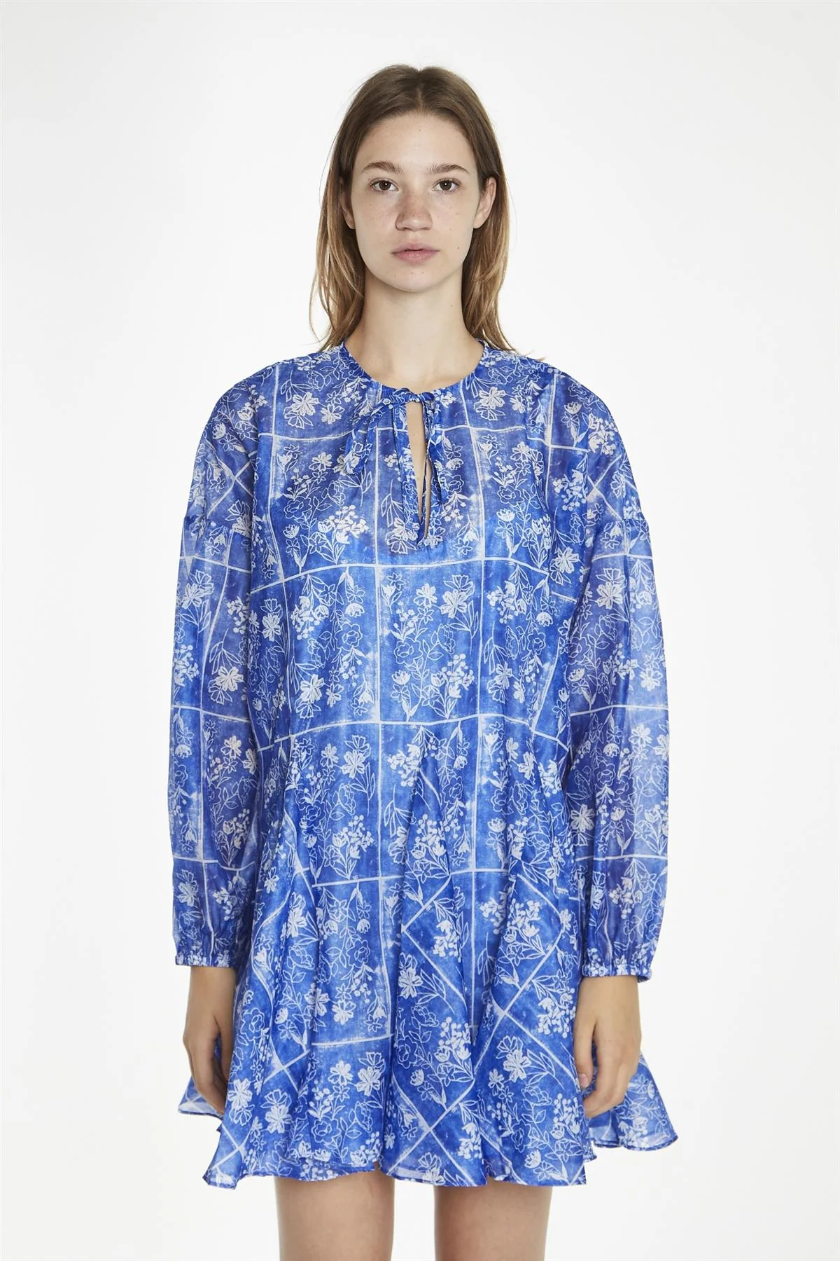 Blue-Tile Organza Oversized Swing Mini-Dress - Image 2
