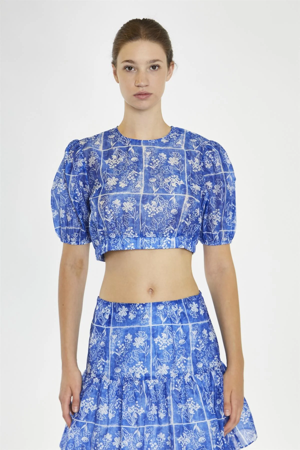 Blue-Tile Organza Puff Sleeve Crop-Top - Image 3