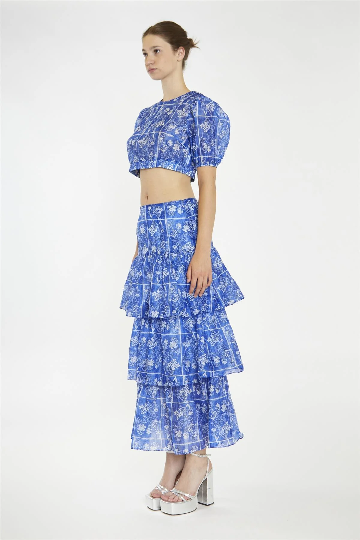 Blue-Tile Organza Puff Sleeve Crop-Top - Image 4