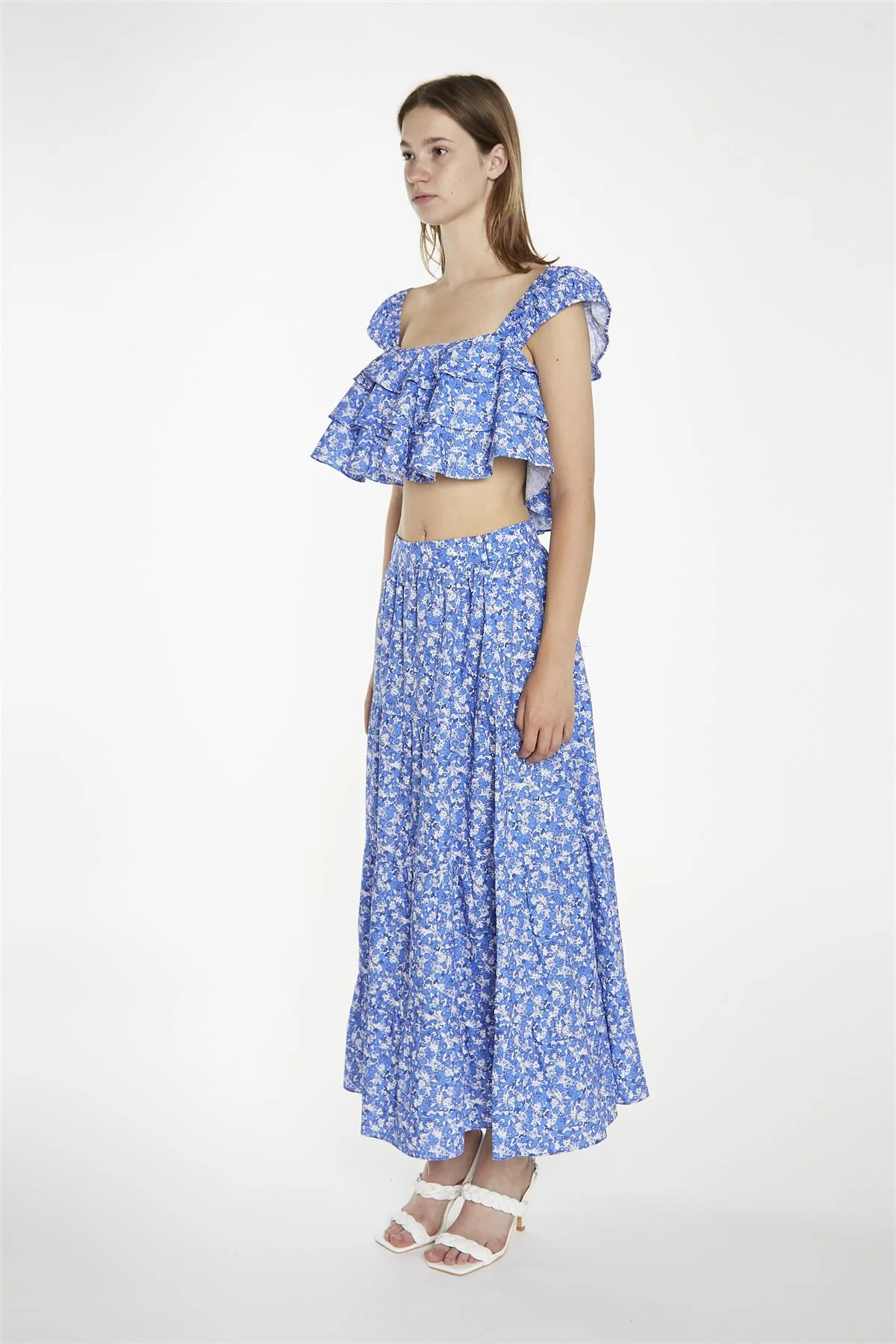 Blue-Watercolour Floral Ruffle Crop-Tops - Image 4