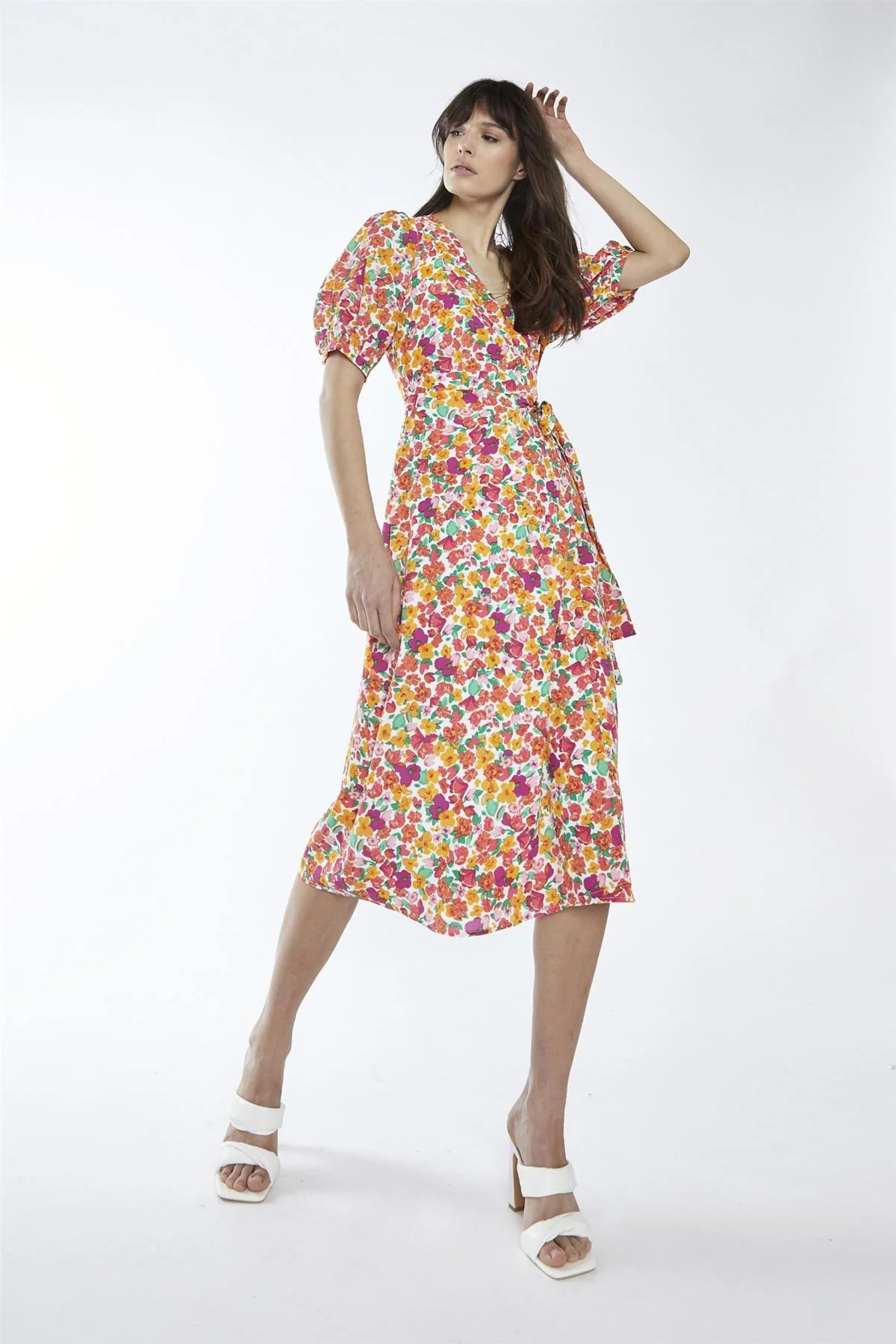 Bright-Floral Wrap Midi-Dress