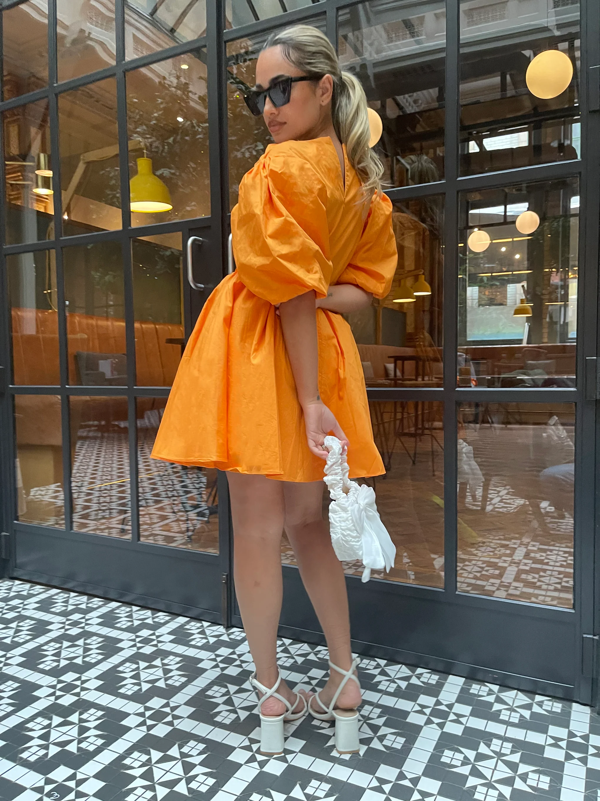 Bright-Orange Puff-Sleeve Skater Mini-Dress - Image 2