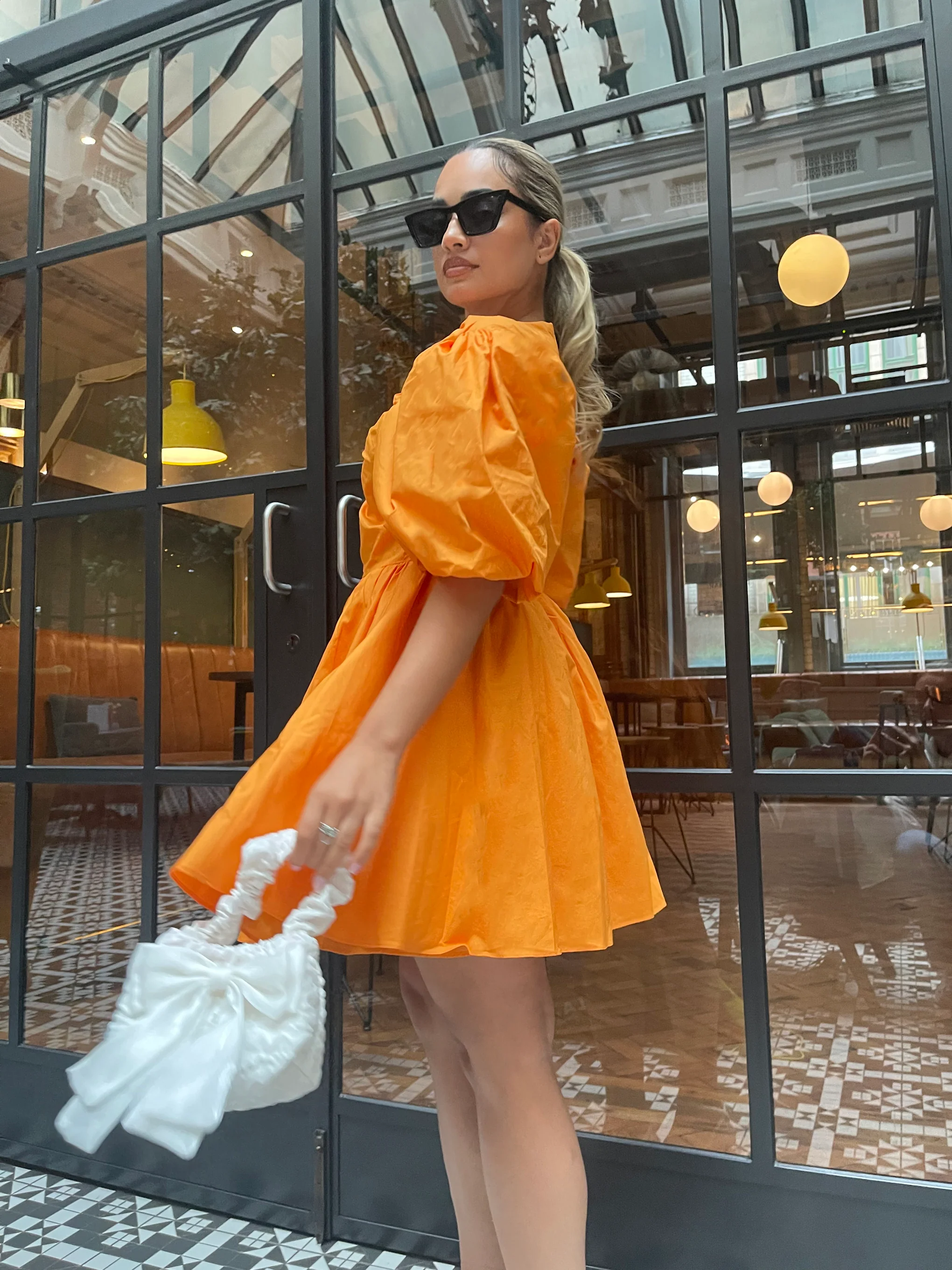 Bright-Orange Puff-Sleeve Skater Mini-Dress - Image 3