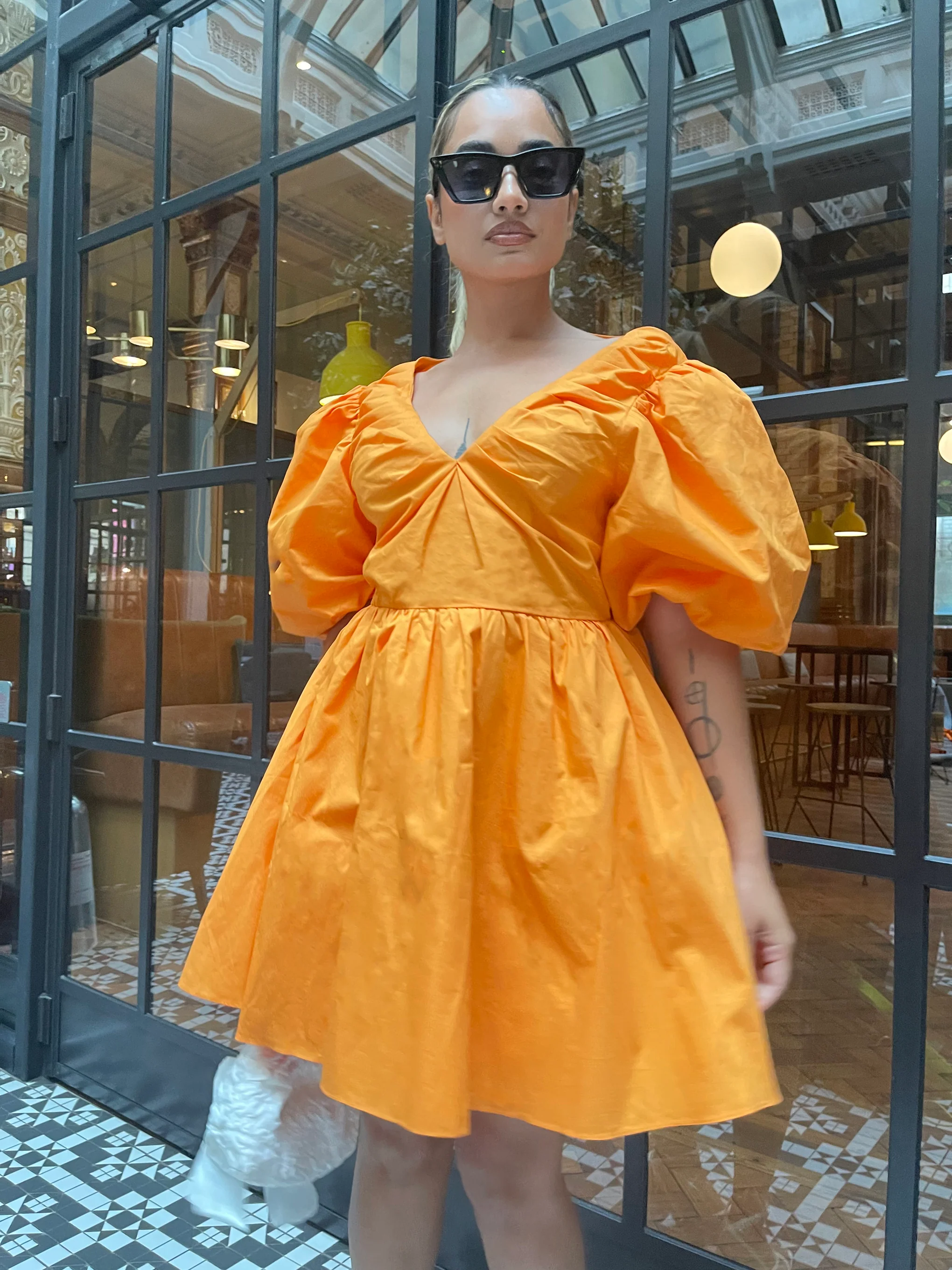 Bright-Orange Puff-Sleeve Skater Mini-Dress - Image 4