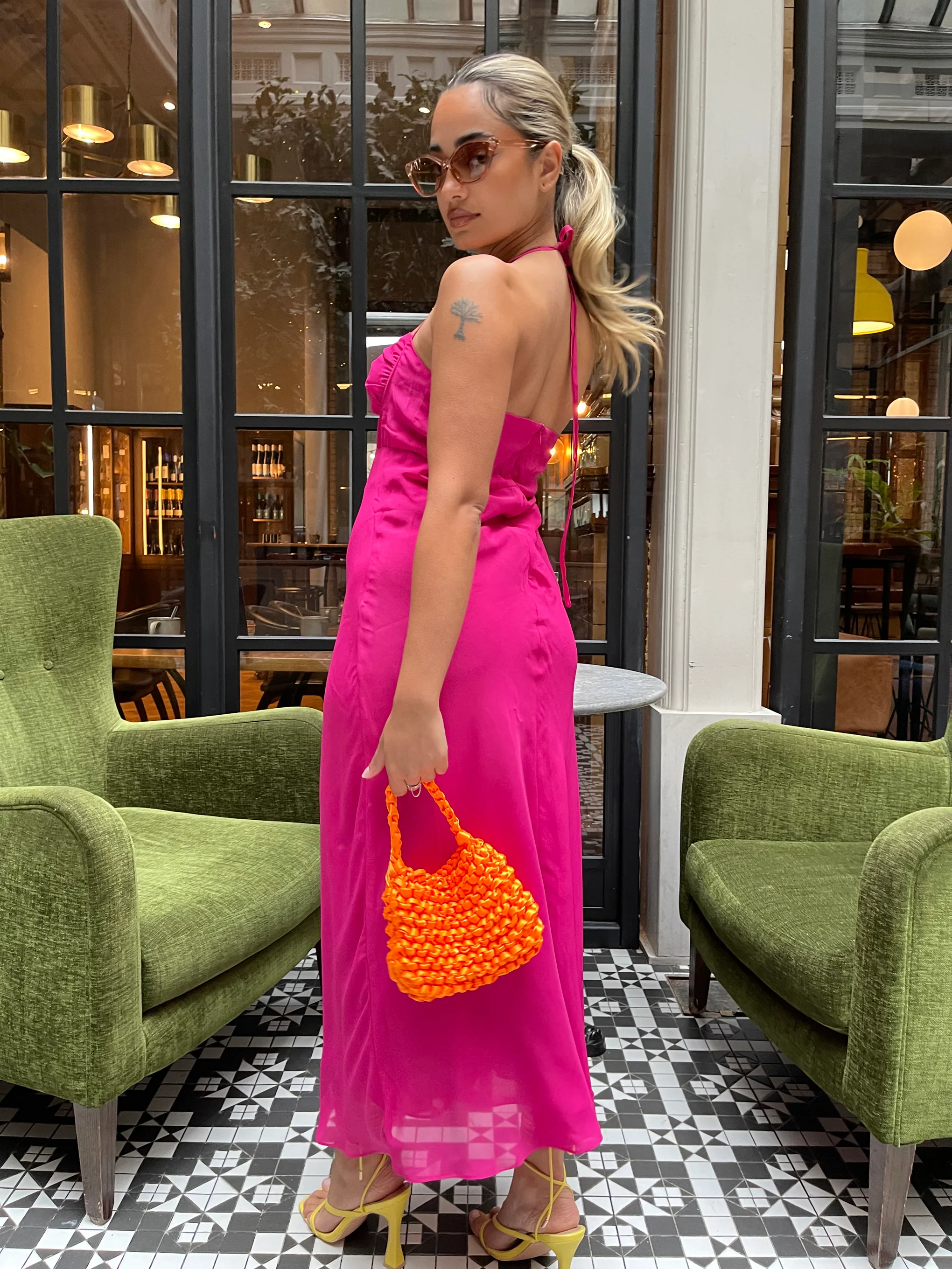 Bright-Pink Gathered-Bust Halterneck Midaxi-Dress - Image 3