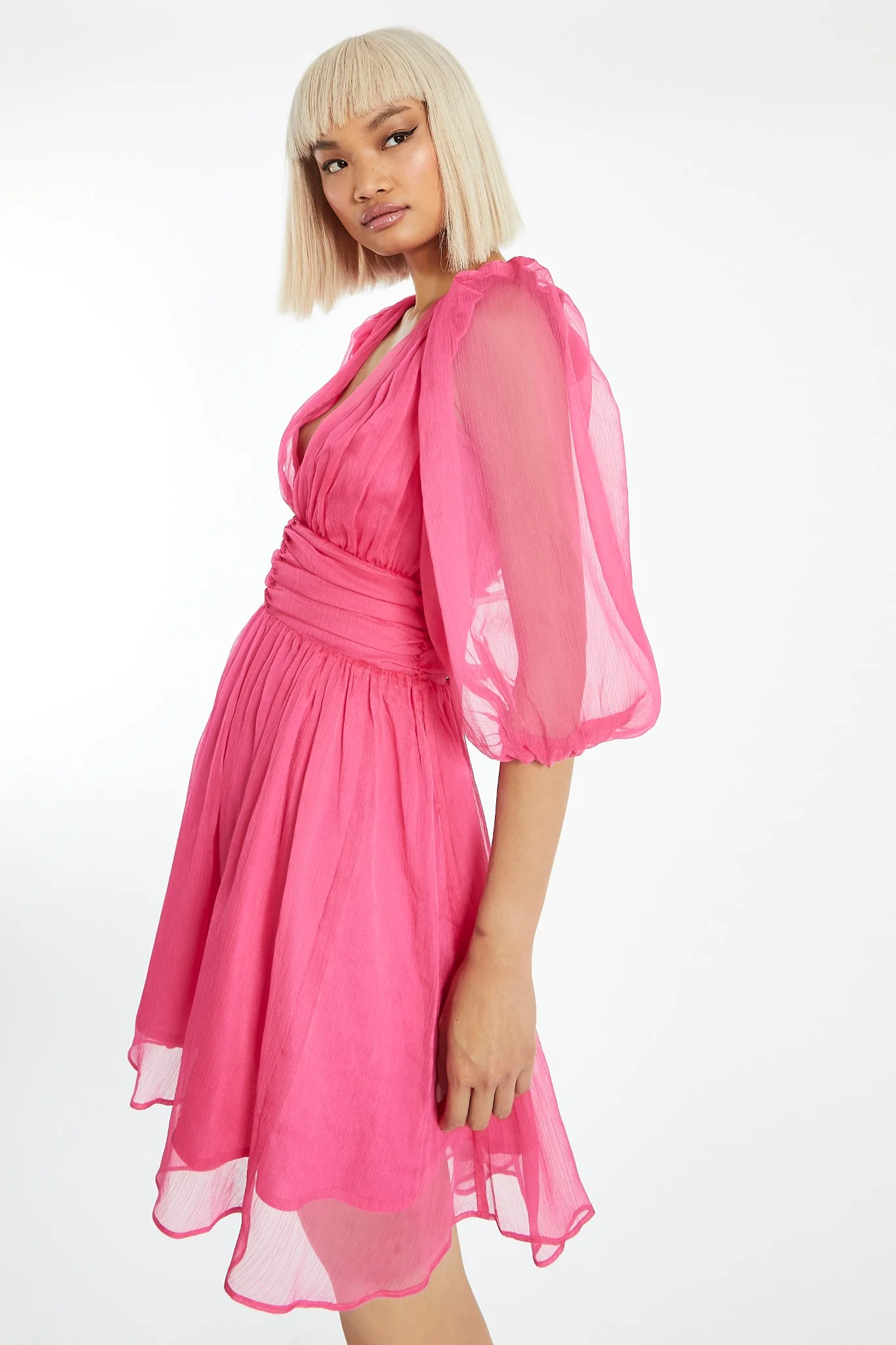 Bright-Pink Gathered Plunge Puff Sleeve Mini-Dress - Image 4