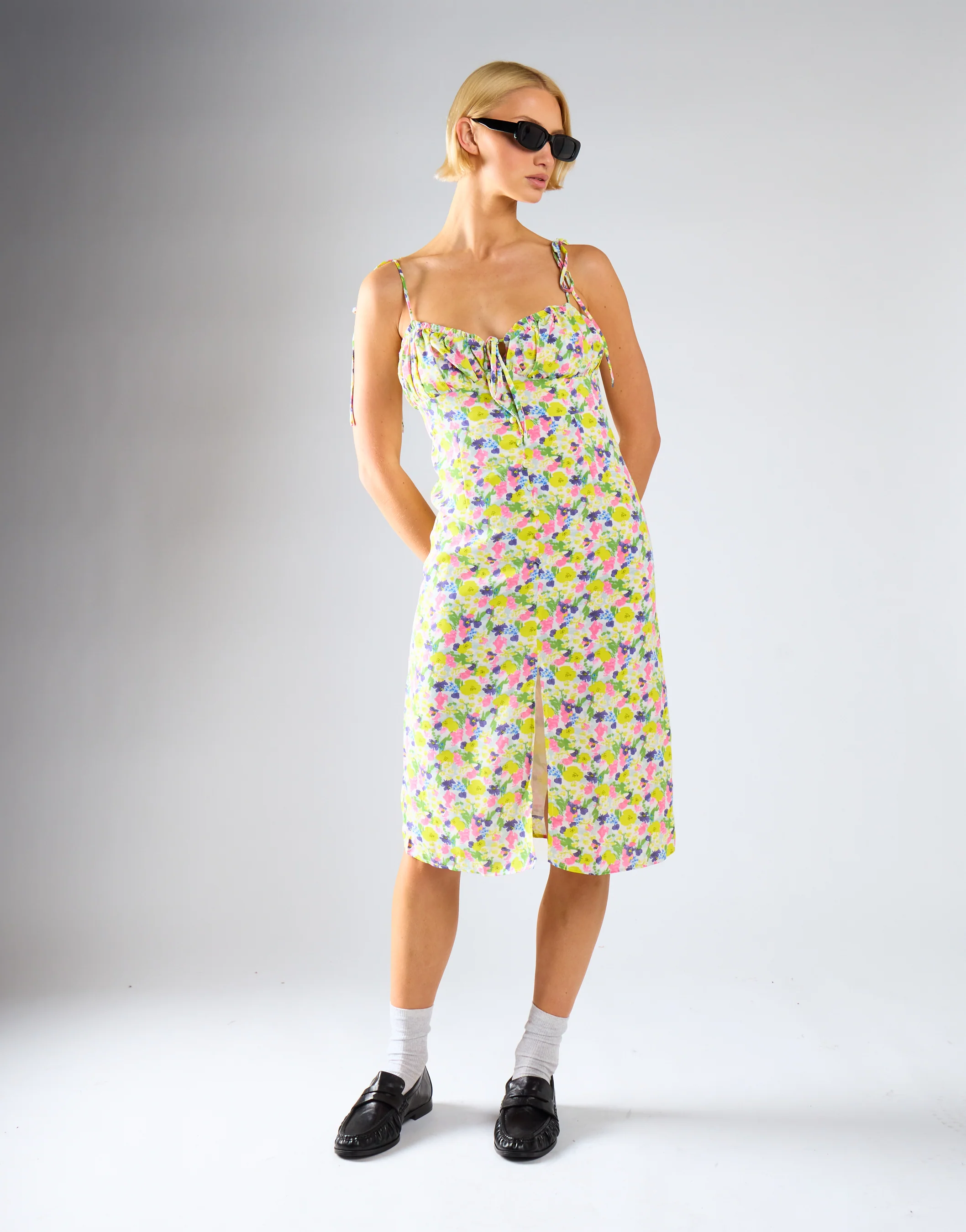 Bright-Watercolour Floral Milkmaid Midi-Dress