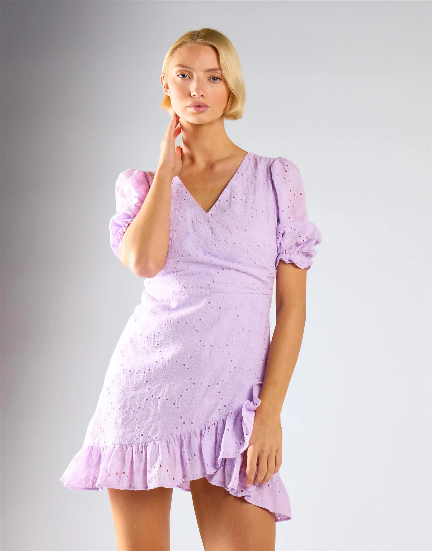 Broderie Wrap Mini Dress - Lilac - Image 4