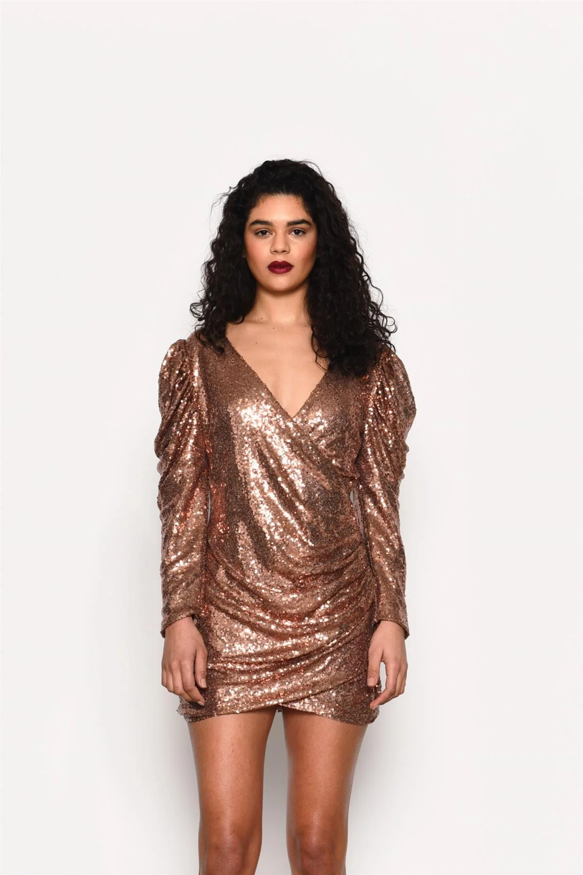 Bronze-Sequin Fixed Wrap Mini-Dress - Image 3