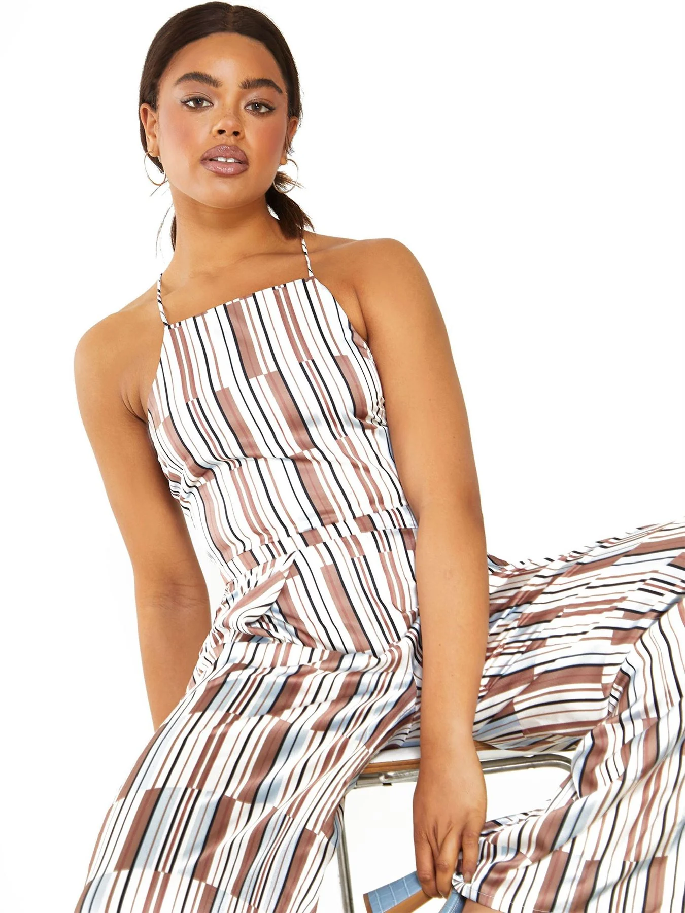 Brown Blue Stripe Tie Back Crop Top - Image 2