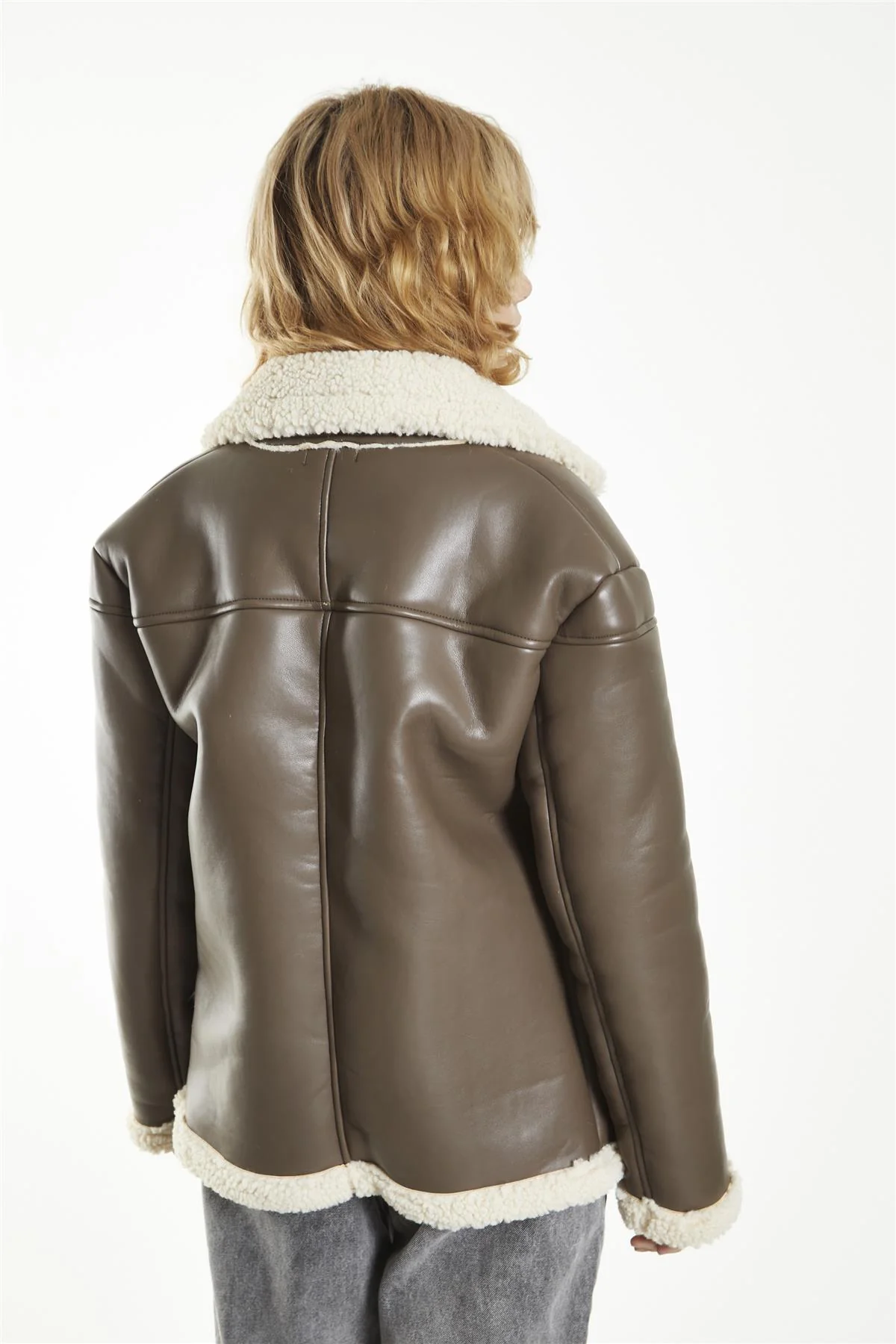 Brown-Cream Double-Breasted Fur-Trim Coat - Image 2