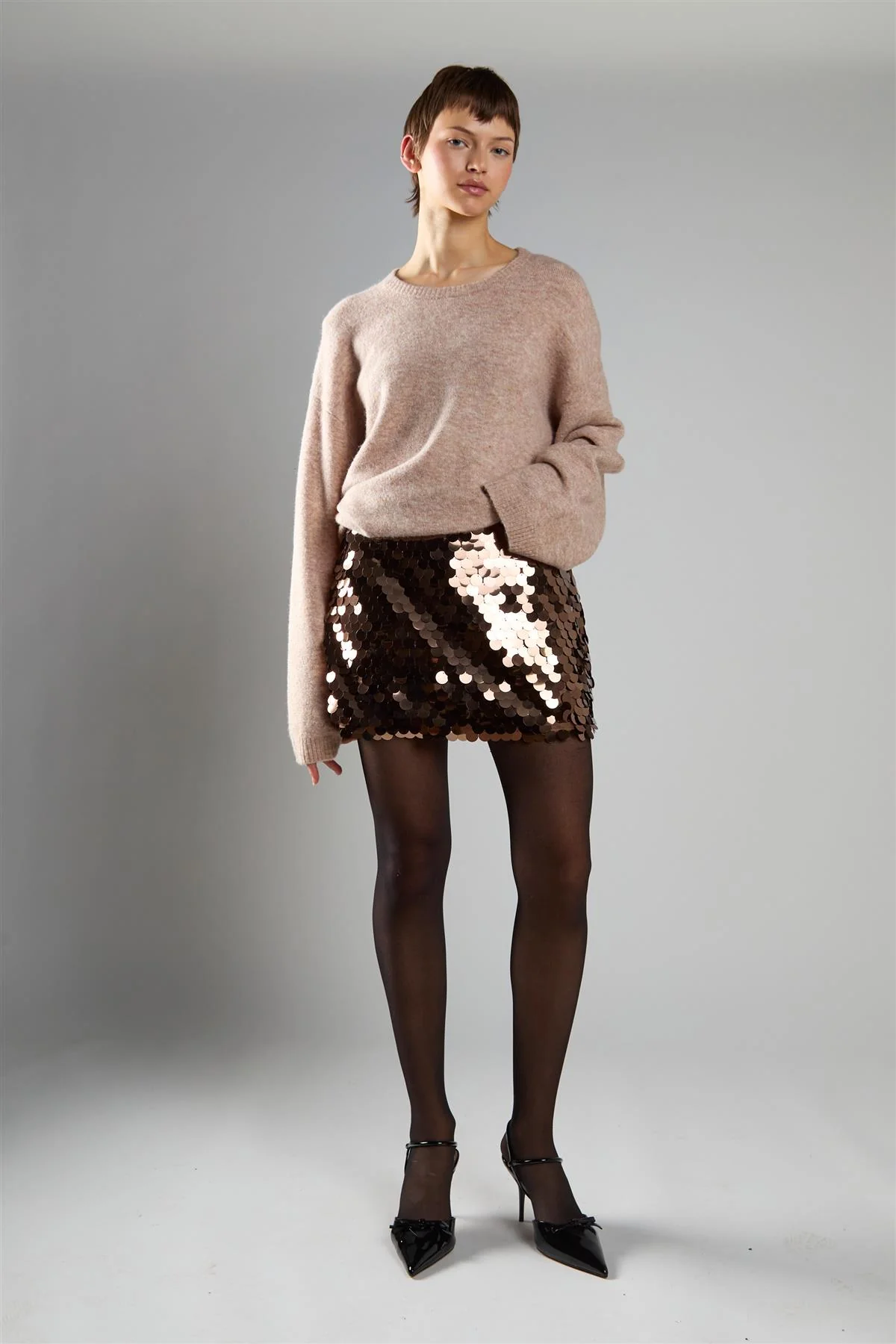 Brown-Disc-Sequin Mini-Skirts