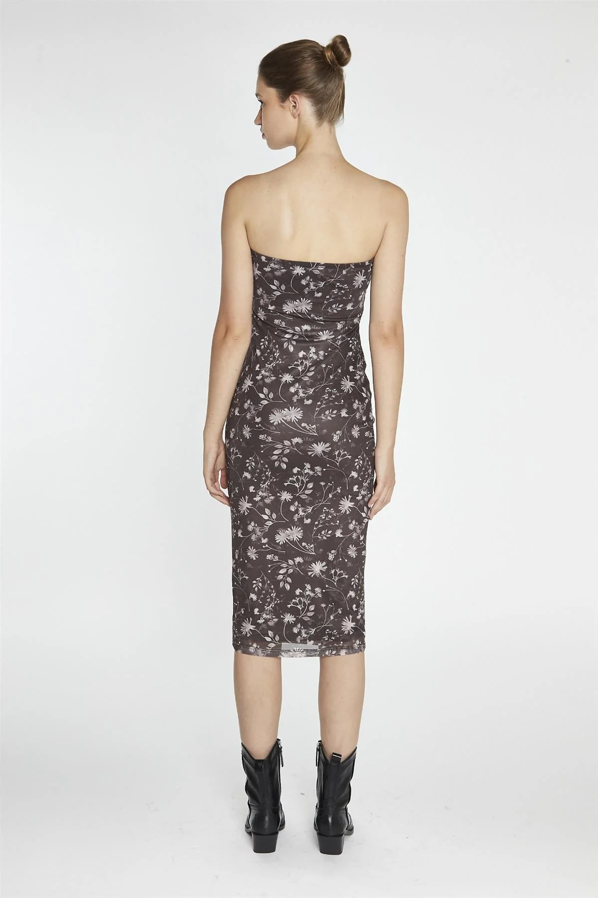 Brown-Floral Mesh Bandeau Midi-Dress - Image 2