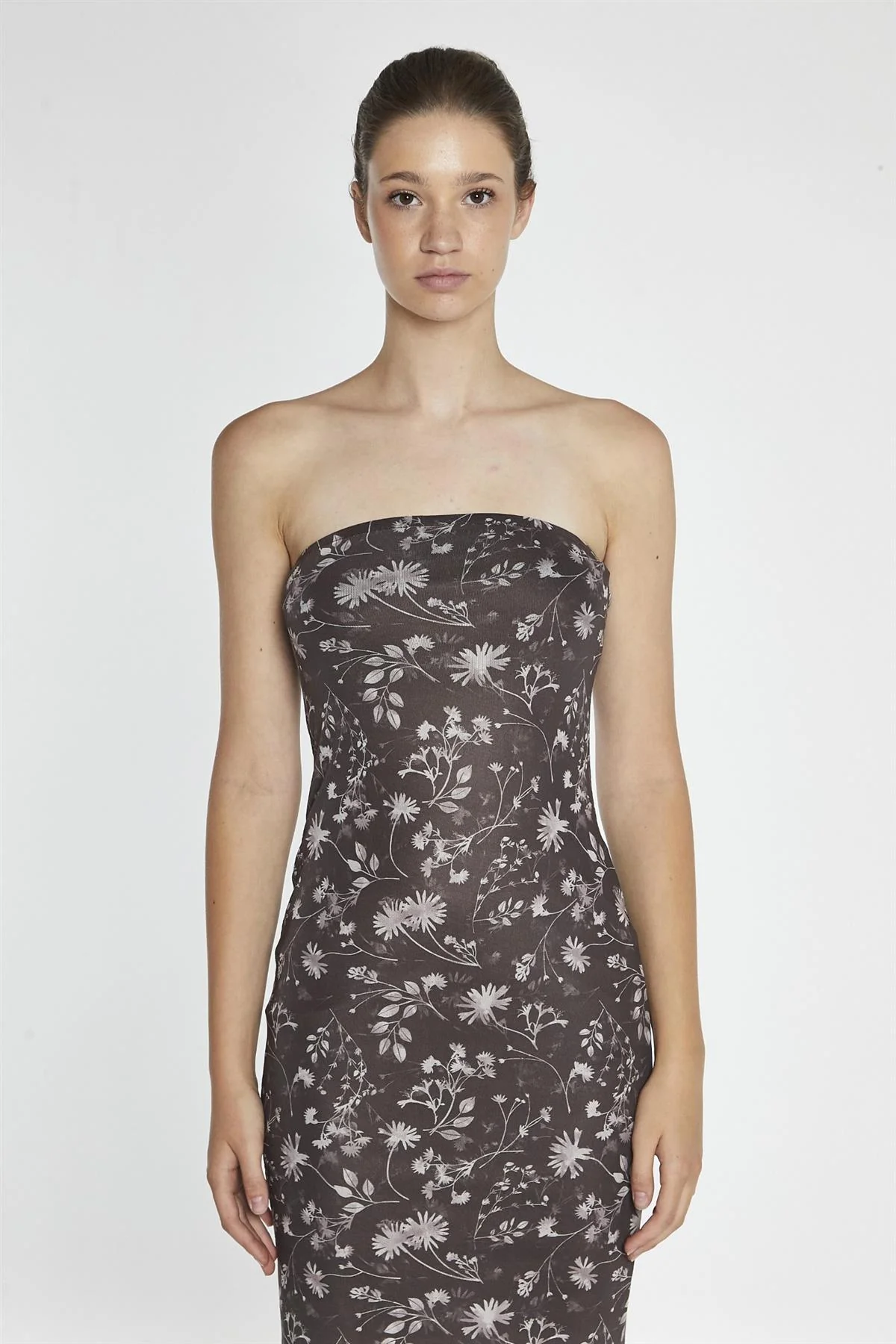Brown-Floral Mesh Bandeau Midi-Dress - Image 3