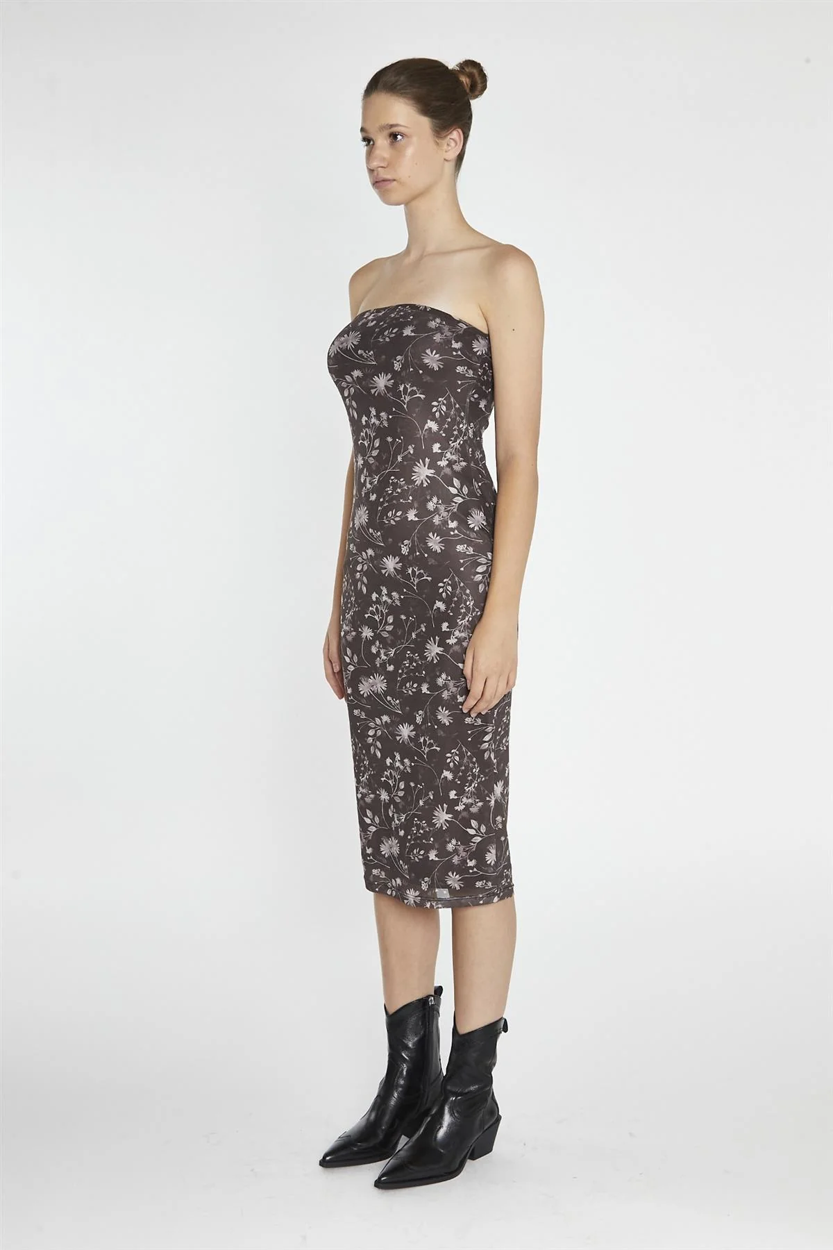 Brown-Floral Mesh Bandeau Midi-Dress - Image 4
