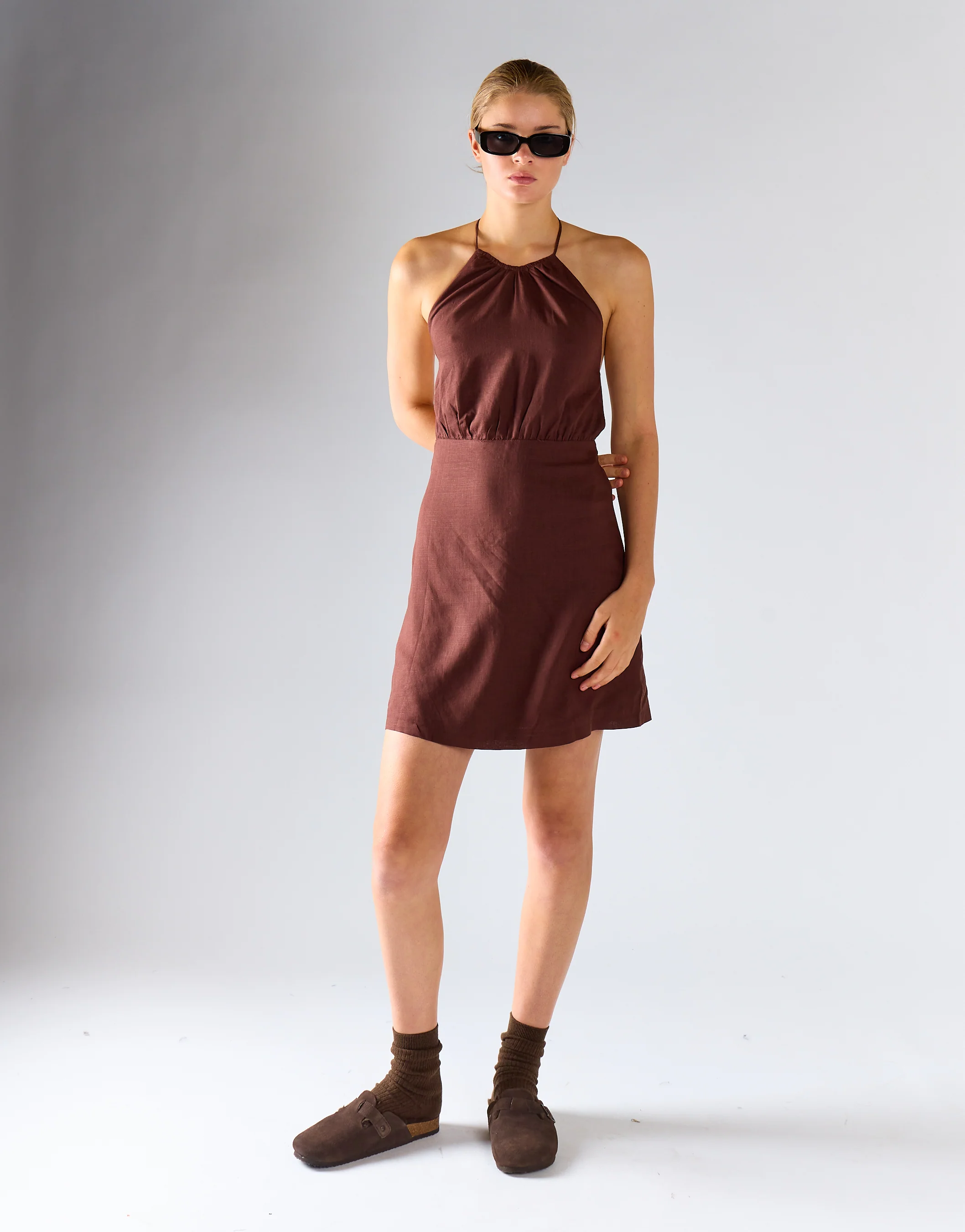 Brown-Linen Halterneck Mini-Dress