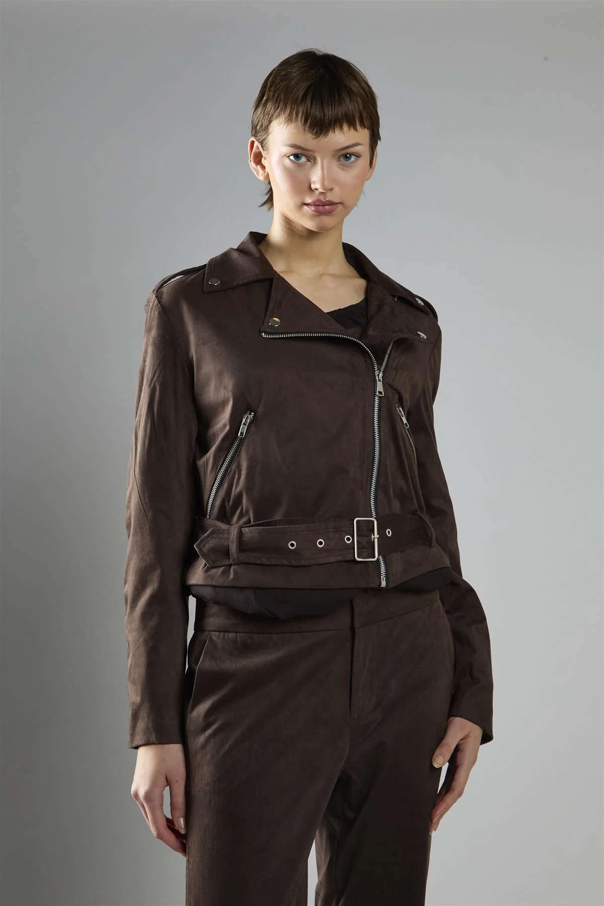 Brown Long Sleeve Biker Jacket - Image 3
