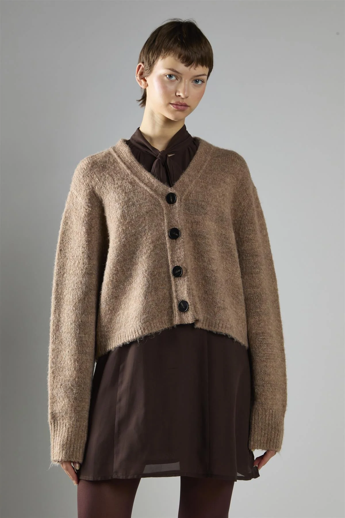 Brown Marl V-Neck Button-Front Long Sleeve Cardigan - Image 3