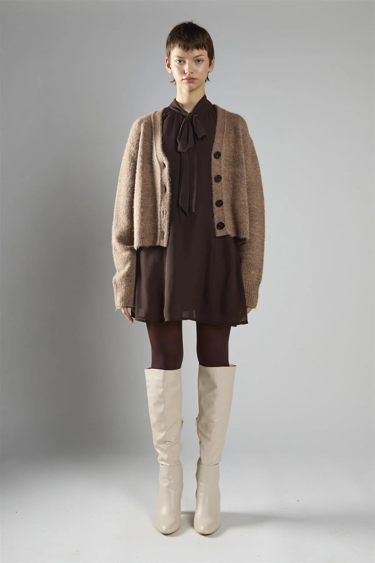Brown Marl V-Neck Button-Front Long Sleeve Cardigan - Image 5