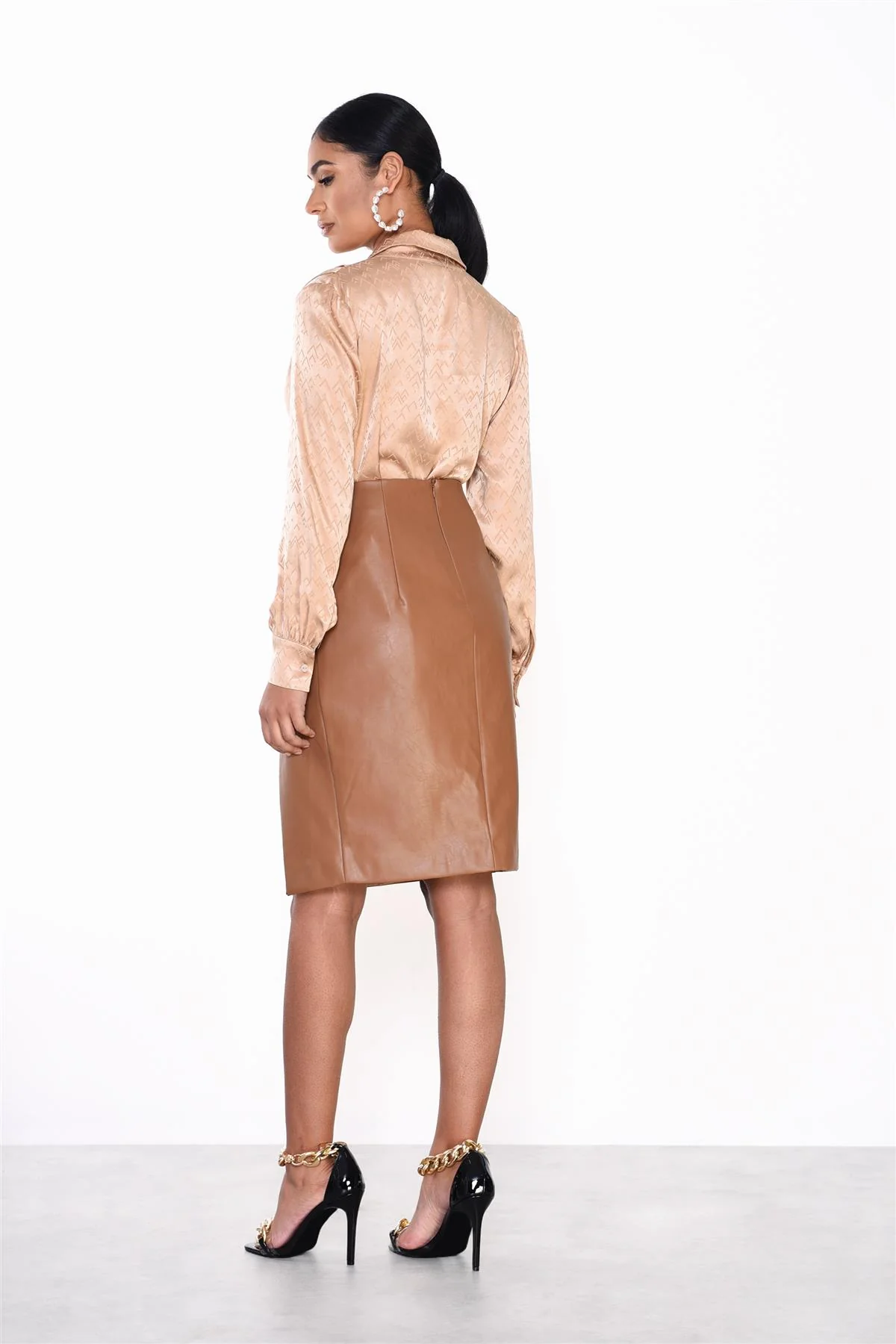 Brown-Pu Side-Split Midi-Skirt - Image 2