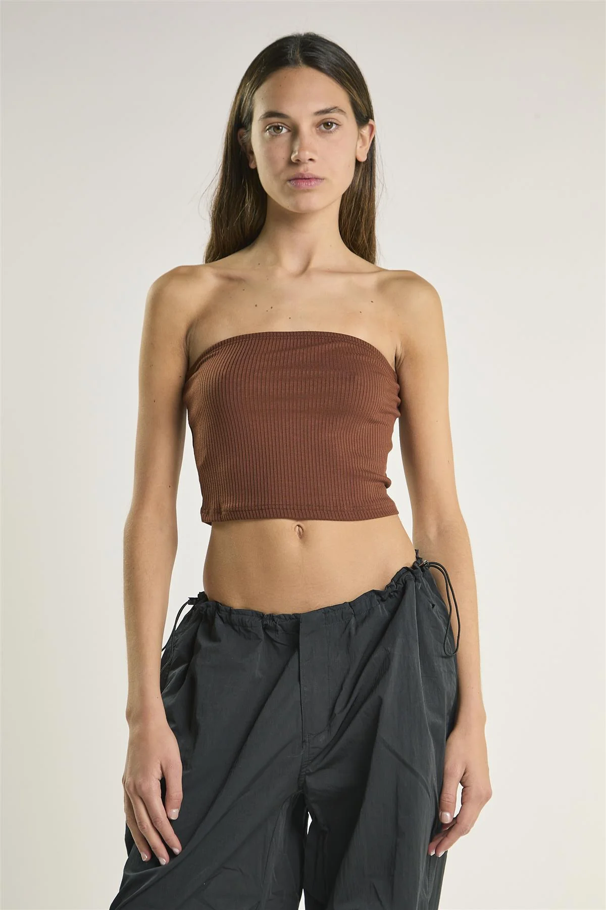 Brown Rib Bandeau Crop-Top - Image 3