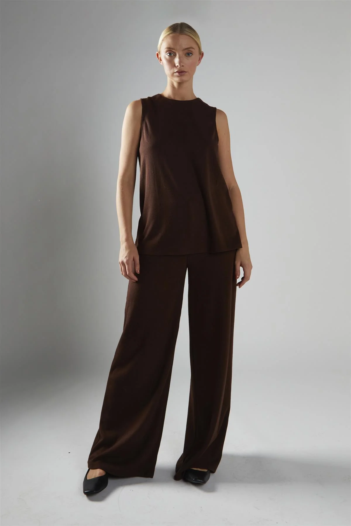Brown-Rib Sleeveless Loose-Top