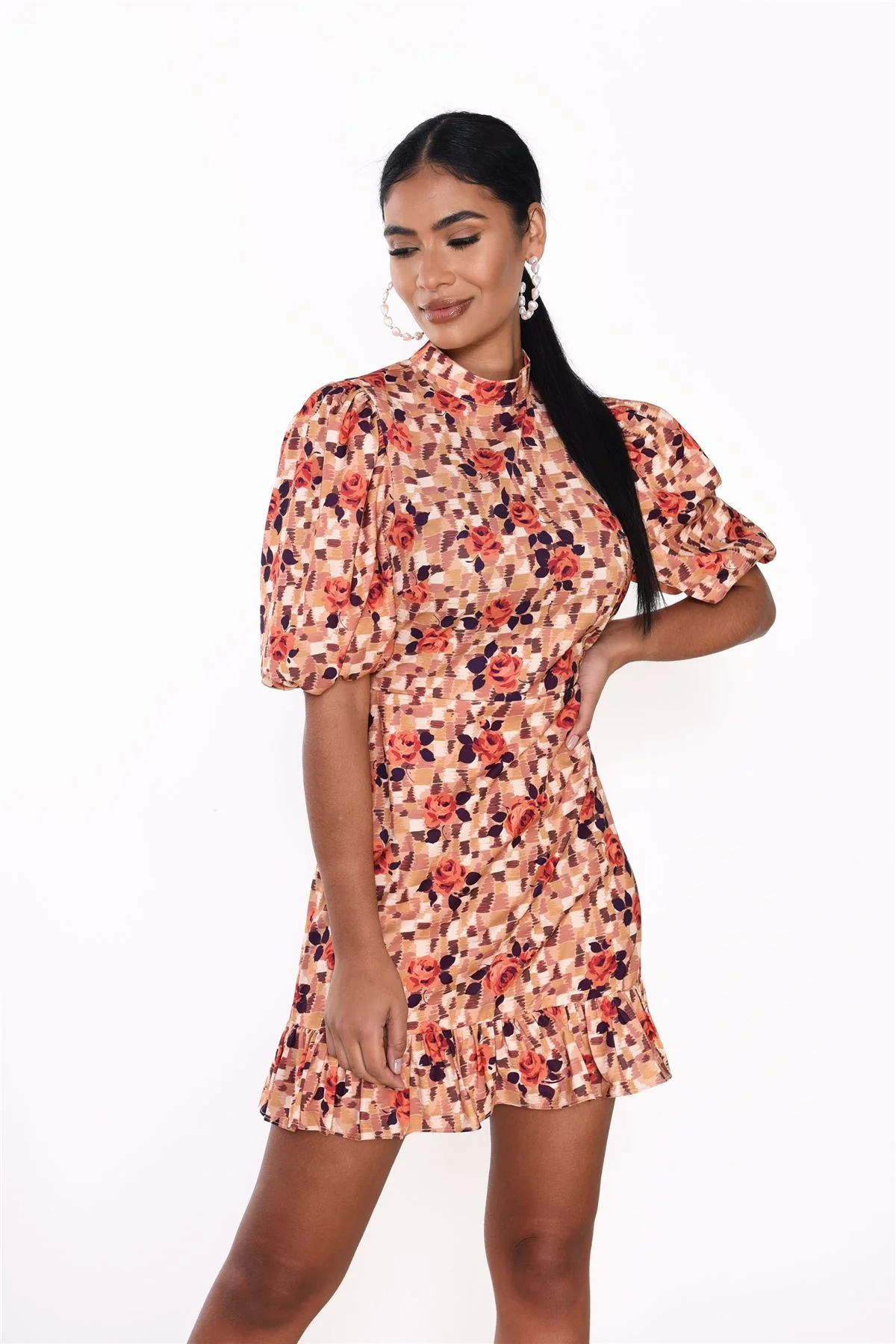 Brown-Rose Turtle-Neck Mini-Dress - Image 2