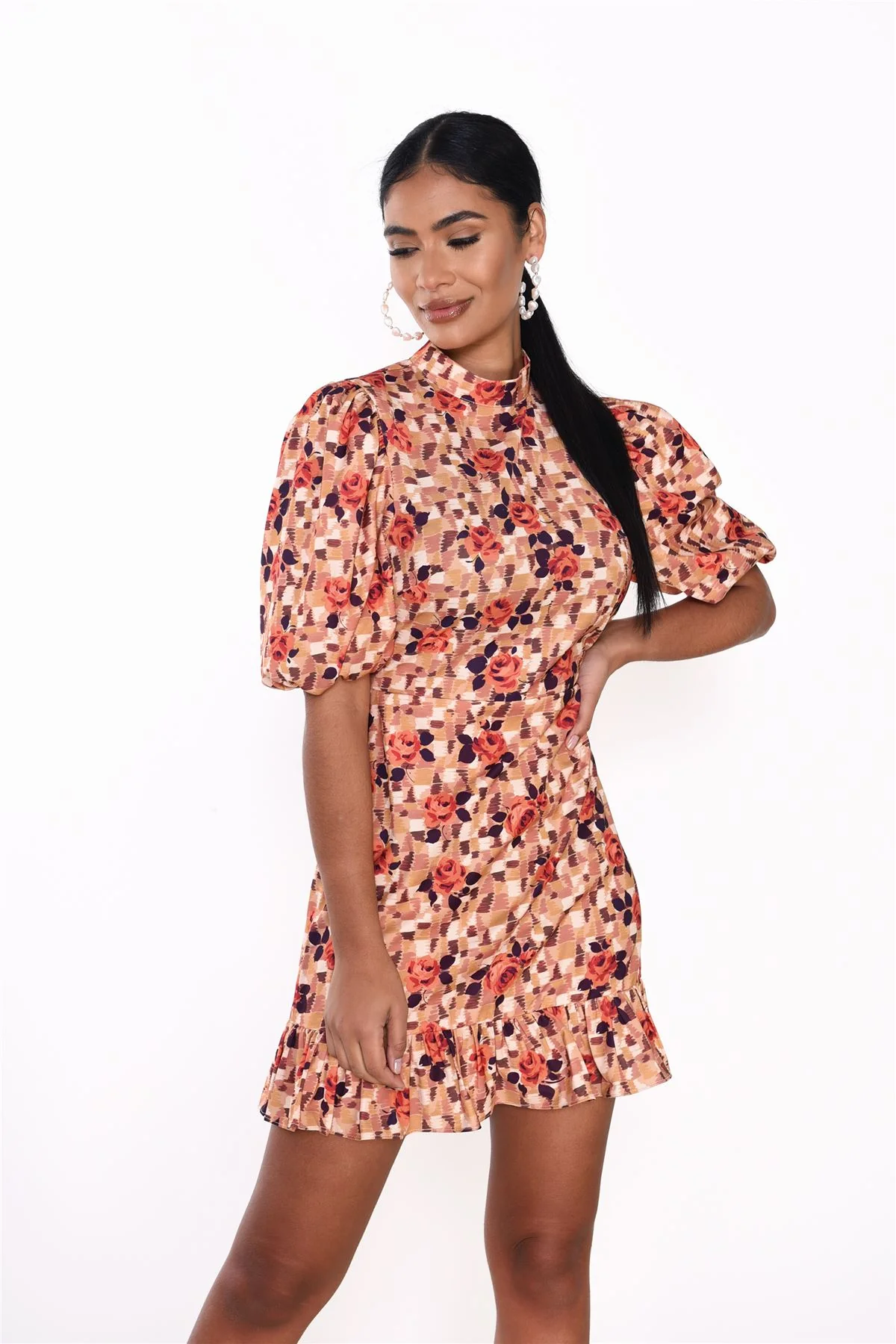 Brown-Rose Turtle-Neck Mini-Dress - Image 4