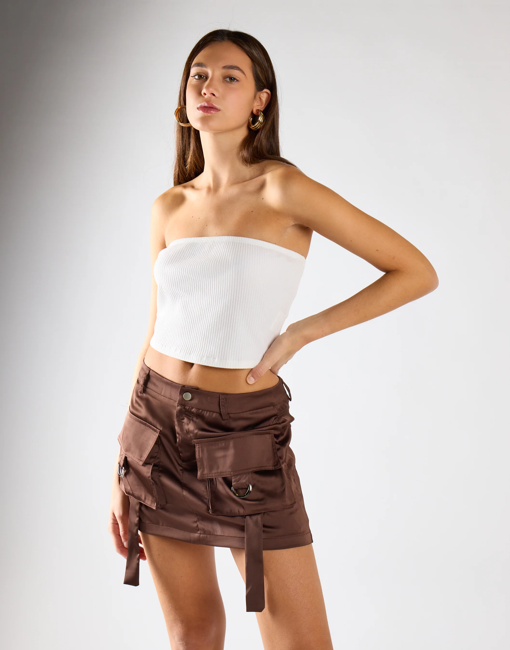 Brown Satin Cargo Mini Skirt - Image 3
