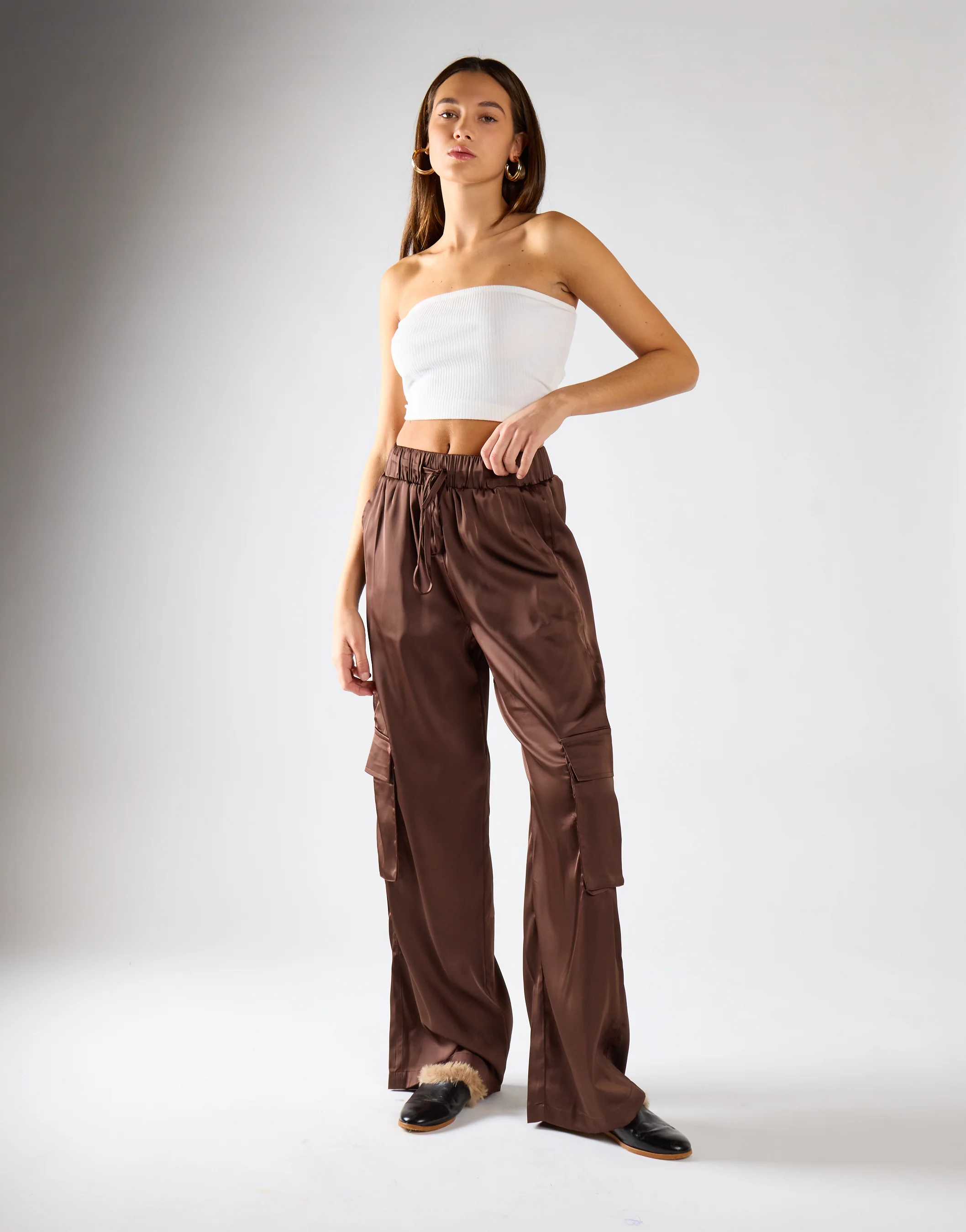Brown Satin Cargo Trousers