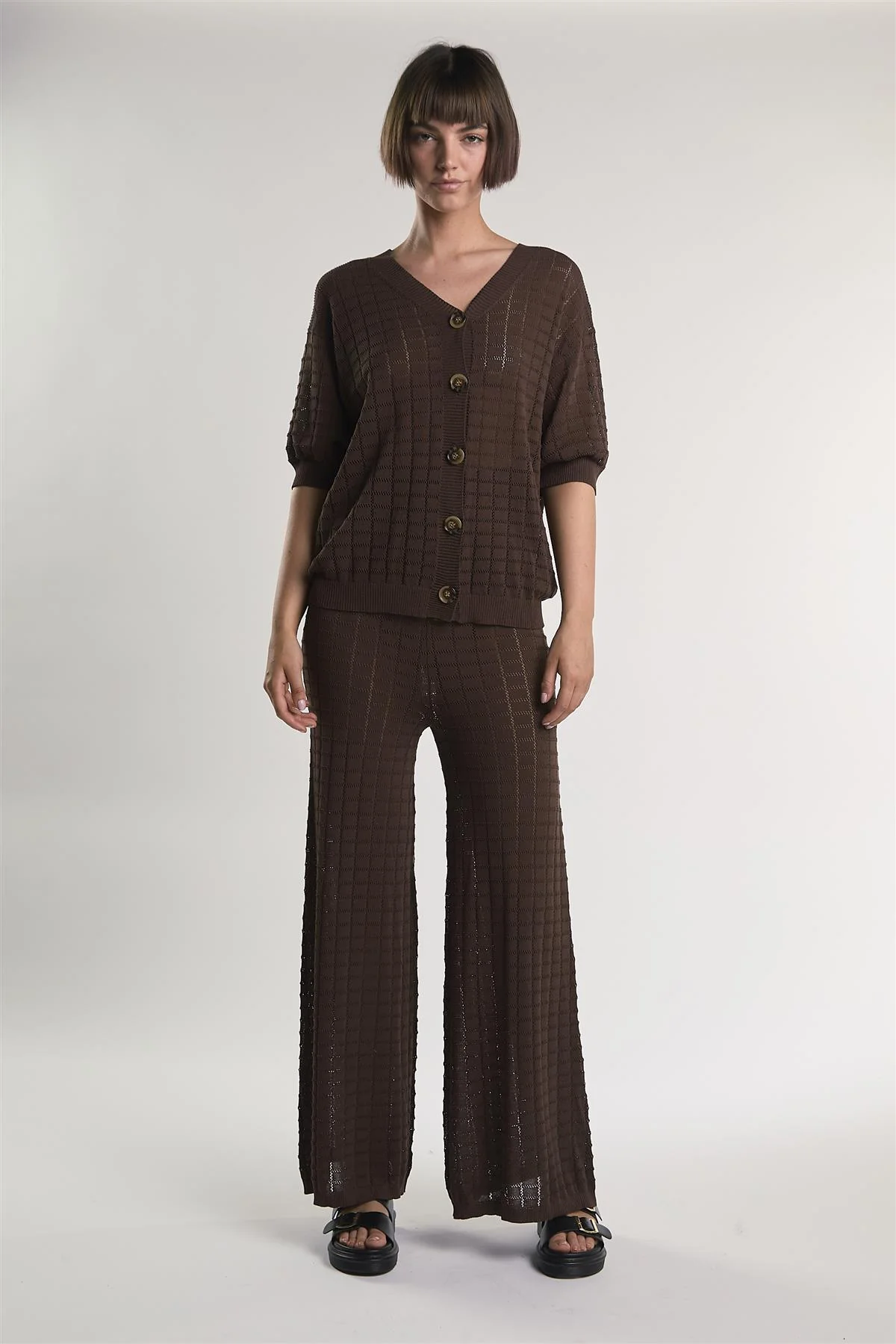 Brown V-Neck Button Knit Shirt